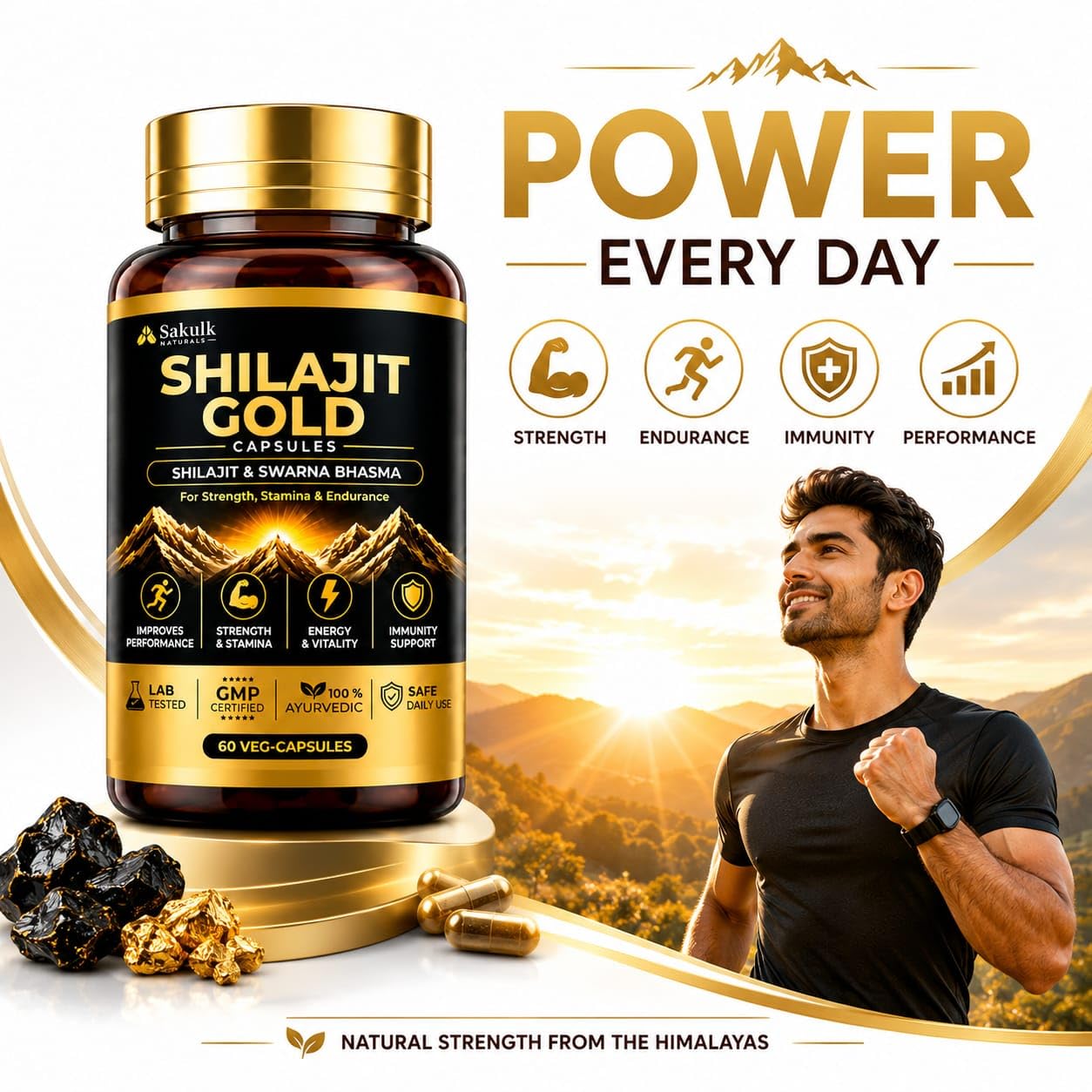Shilajit/Shilajeet Gold Capsules for Men | With Ashwagandha, Safed Musli, Kaunch Beej & Swarna Bhasma |Veg 60 Capsules | Ayurvedic Supplement — Amazon image 4