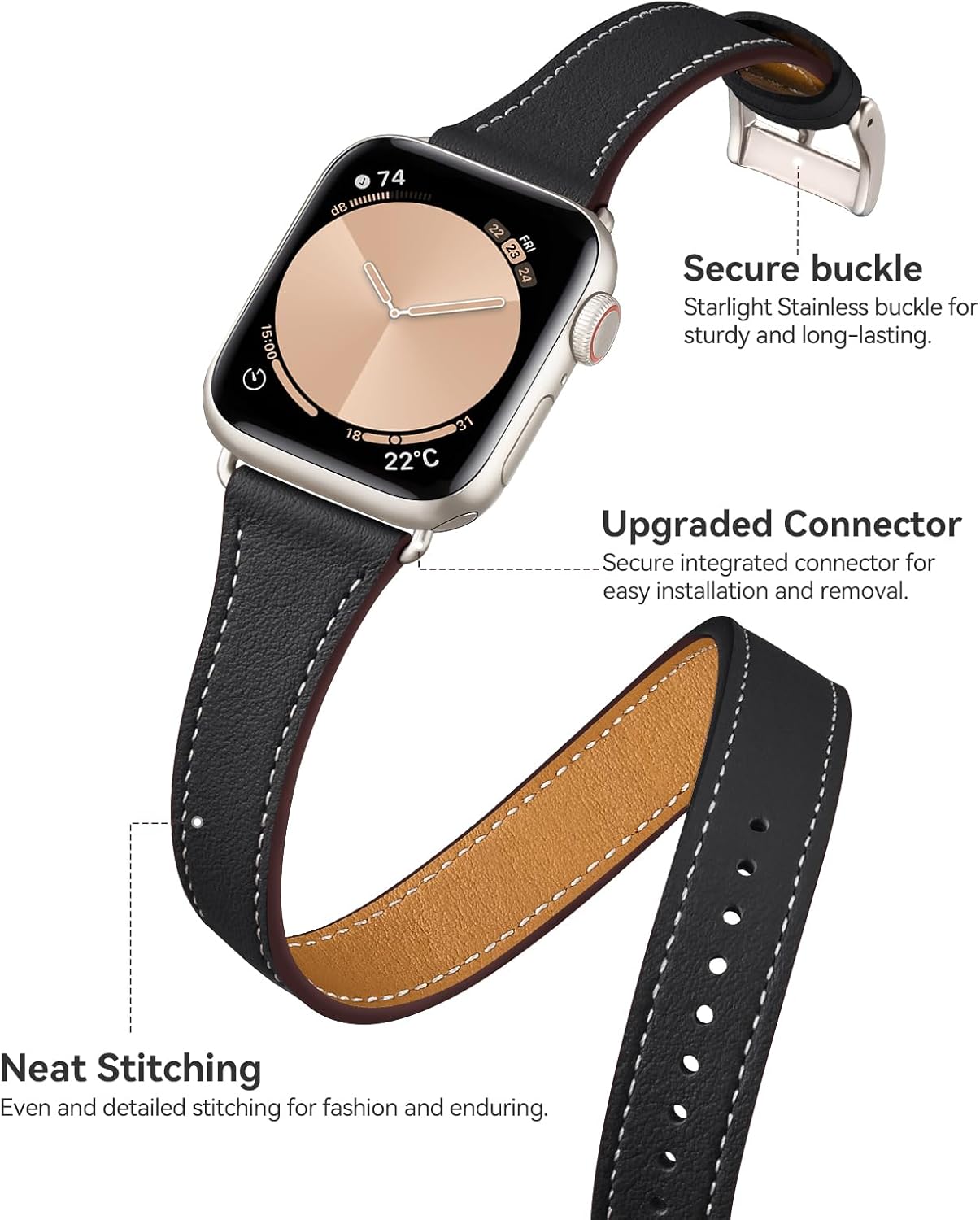 Bestig Bands Compatible with Apple Watch Band 40mm 41mm 38mm 42mm(Series 10 11) Women Men, Genuine Leather Double Tour Designed Slim Thin Strap for iWatch SE1/2/3 Ultra 3/2/1 Series 9 8 7 6 5 4 3 2 1