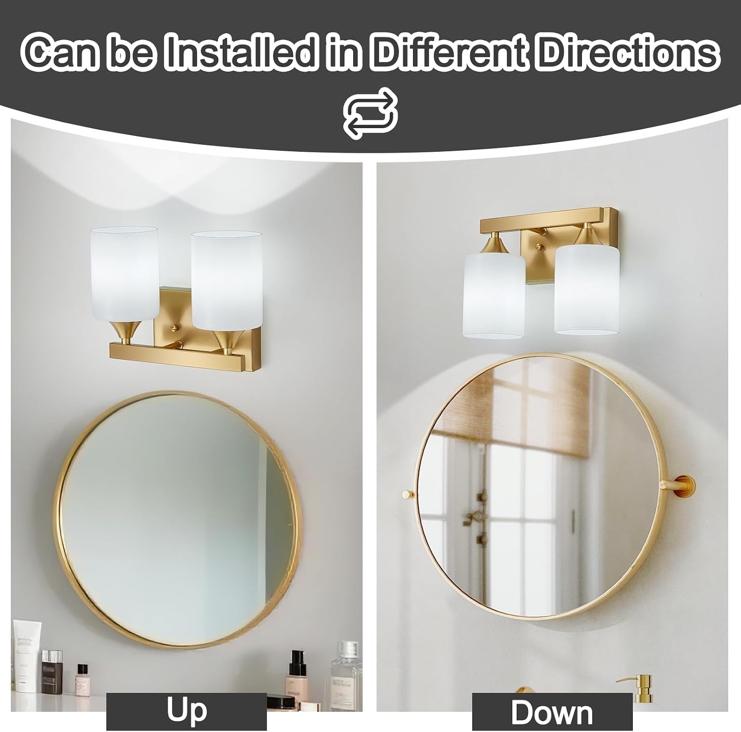 ZHU YAN 2 Light Vanity Lights for Bathroom,Gold Bathroom Vanity Light,Milky White Glass Shades,Modern Bathroom Wall Lamp for Mirror Living Room Bedroom E26 Socket