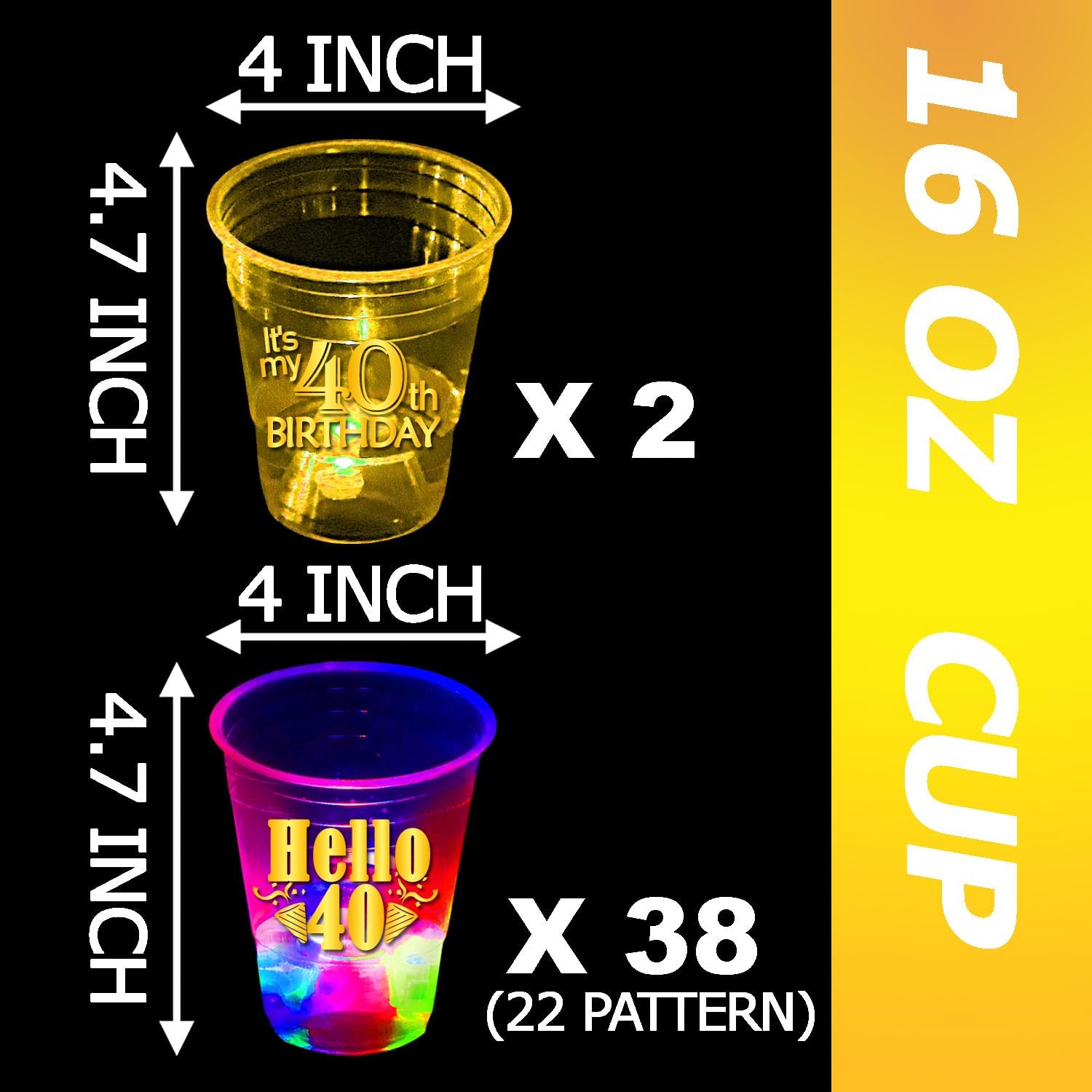 mishunyus Glow 40th Birthday Party Cups - 16 oz 40th Cups with Gold Foil Prints, Birthday Table Decorations Centerpiece Supplies for 40 Year Old Anniversary (40)
