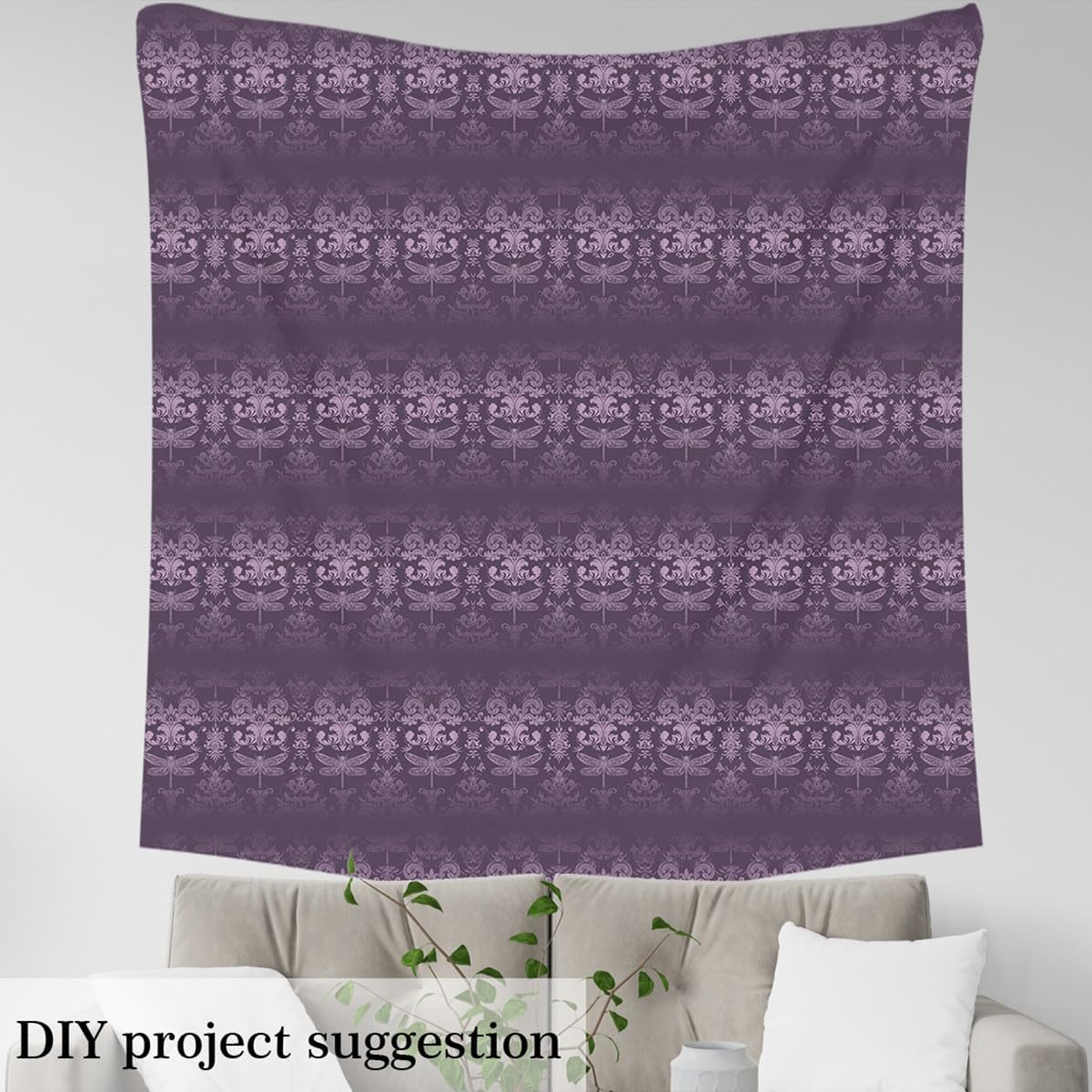 Aesthetic Dragonfly Upholstery Fabric Purple Damask Outdoor Fabric by The Yard 181"x63", Exotic Baroque Decor Goth Boho Vintage Floral DIY Craft Hobby Polyester Fabric
