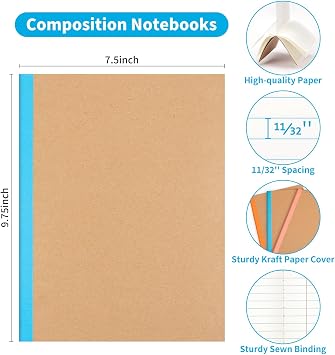 12 Pack Composition Notebook Journals Bulk, 7-1/2 x 9-3/4, Wide Ruled Paper, 30 Sheets/60 Pages, Kraft Cover with Rainbow Spines, 12 Colors School Lined Notebook Journal for Work Study Note Taking