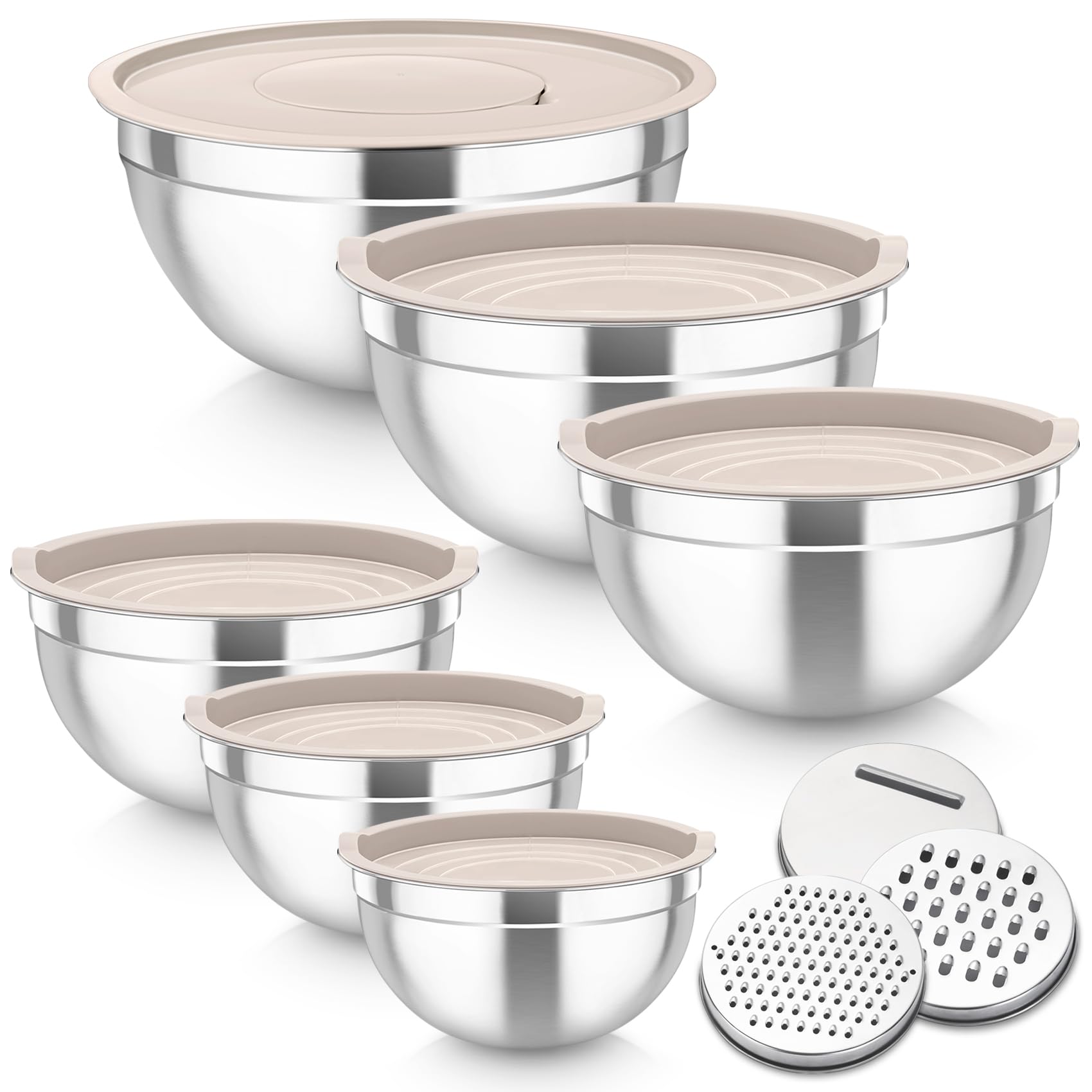 TEAMFAR Juego de 6 cuencos de acero inoxidable con tapa, color caqui | Ensaladera para cocina, 3 cabezales ralladores y tapa hermética, apilable, apto para lavavajillas, 4,6/2,8/2,5/1,6/1,2/0,7 l