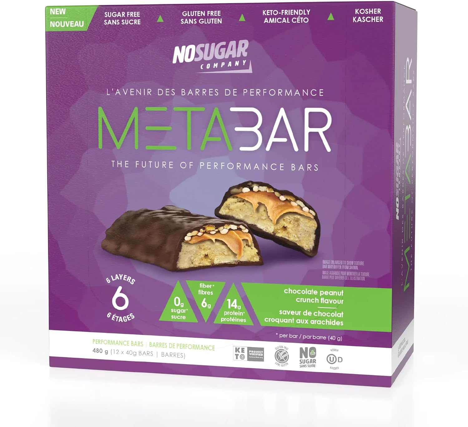 No Sugar META BAR, Peanut Crunch, Performance and Protein bar, 12 bars | 14g Protein, 7g Fibre, Low Carb Snacks, Sugar Free Treats, Gluten Free, Healthy Snack Foods, Diabetic Friendly, Non GMO