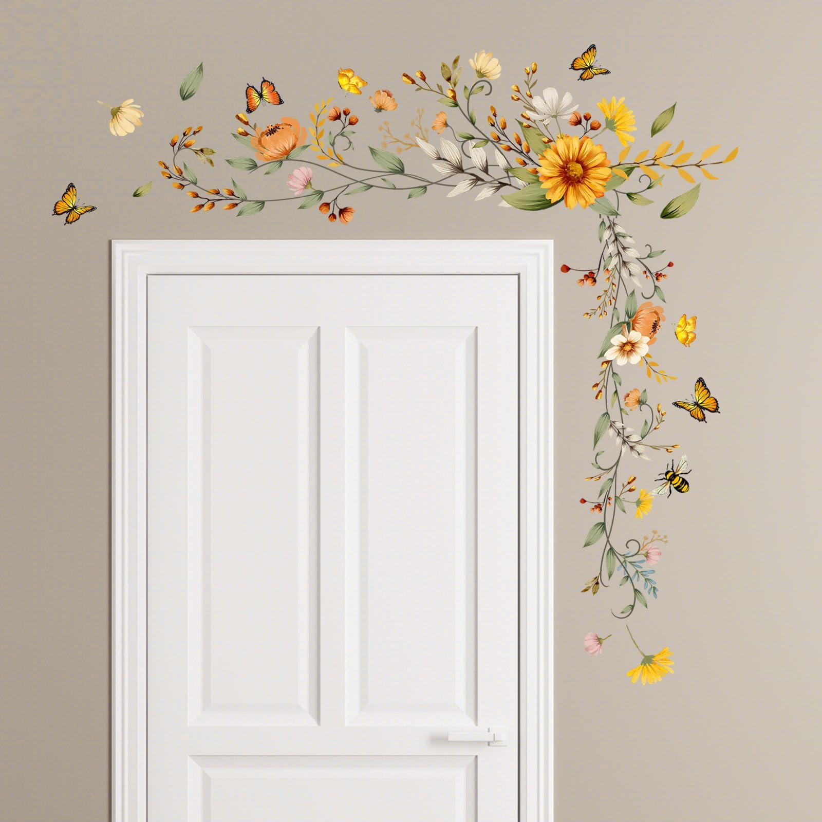 Tanlaby Plants Floral Wall Stickers, Flowers Butterfly Wall Decals, Self-Adhesive Mural Removable Wall Art Sticker for Bedroom Living Room Door Wall Decor