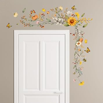Tanlaby Plants Floral Wall Stickers, Flowers Butterfly Wall Decals, Self-Adhesive Mural Removable Wall Art Sticker for Bedroom Living Room Door Wall Decor