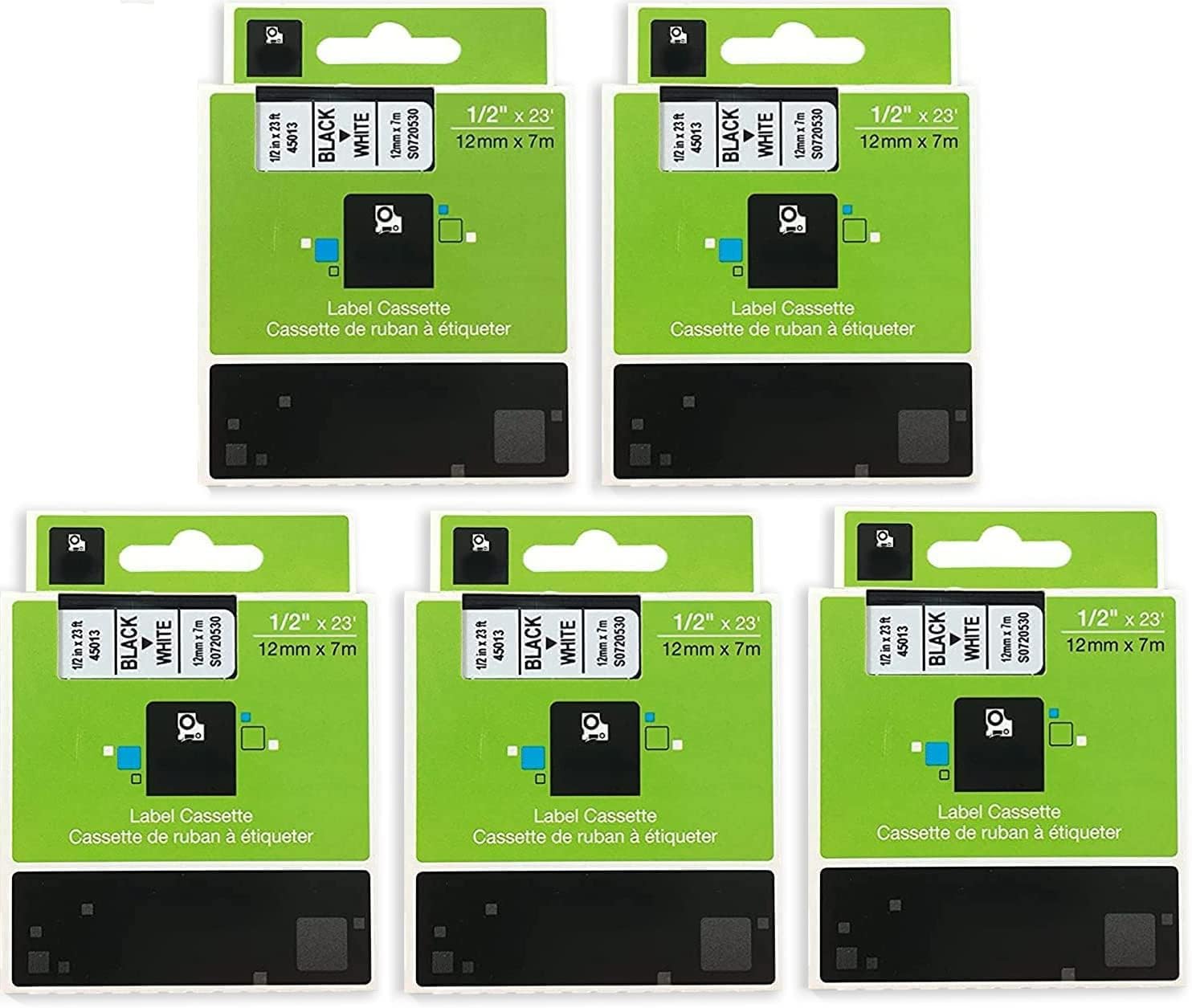 5-Pack a45013 Label Tape Compatible with Dymo D1 Label Maker Refills 45013 S0720530 Use for Dymo LabelManager 160 280 210D 360D 420P PnP 220P 260P 450D, Black on White, 1/2 Inch 12mm