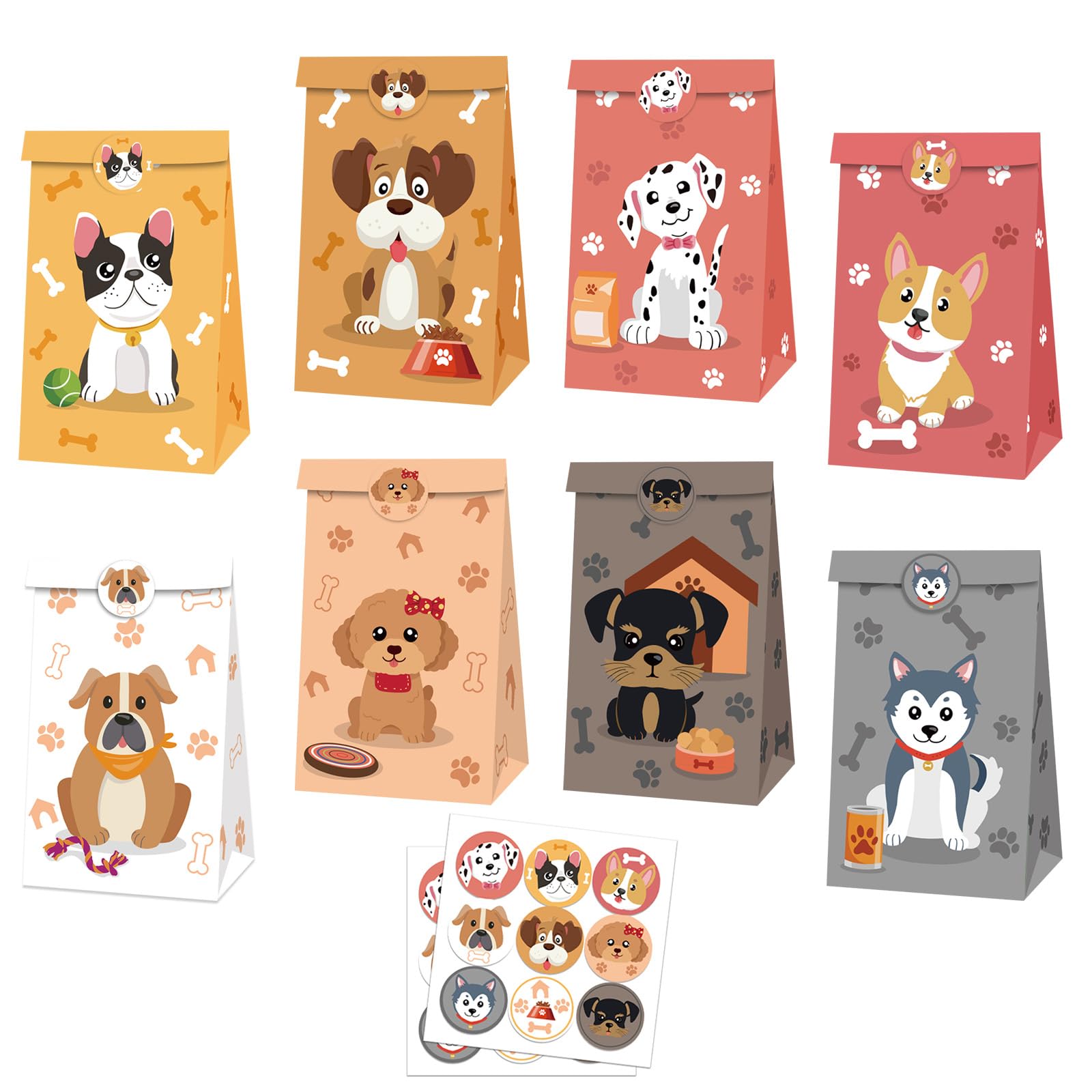 MORAINJAY 12 Pcs Dog Party Bags, Paw Paper Gift Bags, Puppy Theme Favor Goodie Bag, Kids Puppy Pawty Birthday Party Supplies Decorations, with 18 Stickers