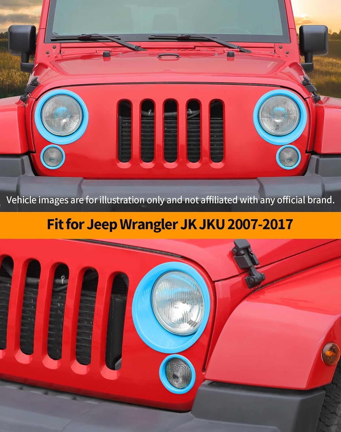 Hoolcar Headlight Bezels Headlight Cover Trim & Front Turn Signal Light Trim Cover Fit for Jeep Wrangler JK JKU 2007-2017, Exterior Accessories, Blue