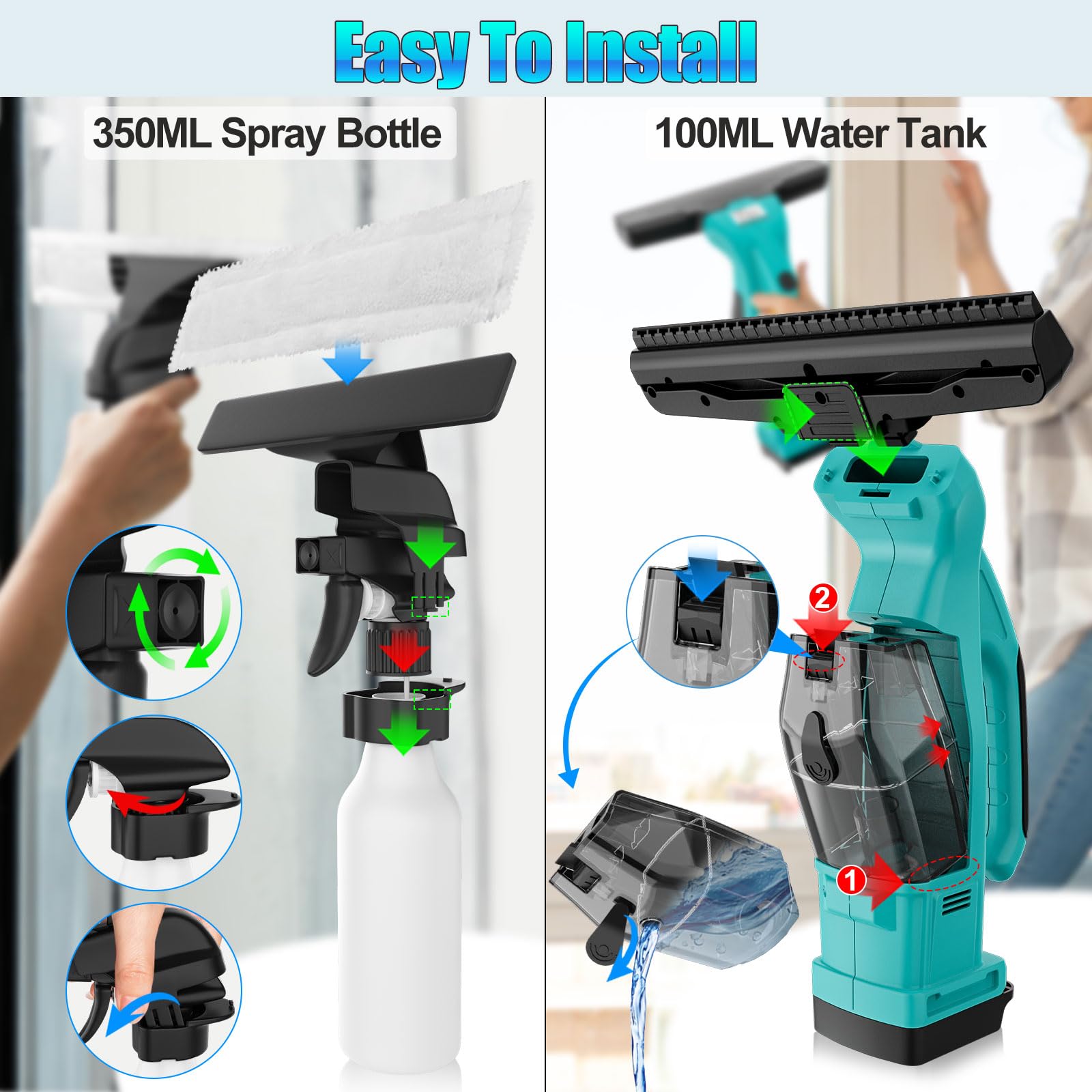 Nettoyeur de fenêtre sans fil compatible avec Makita 18 V, nettoyeur de vitres avec réservoir d'eau amovible, vaporisateur, nettoyage sans traces de surfaces lisses, fenêtres, miroirs, parois de