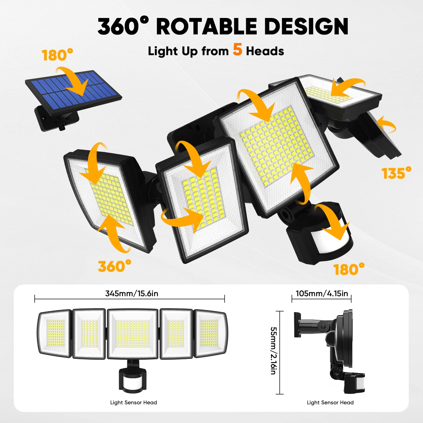 Luci solari per esterni con sensore di movimento, 3000 lumen, con cavo da 5 m, 3 luminosità, 3 modalità di sicurezza, luci solari per esterni, 10 m