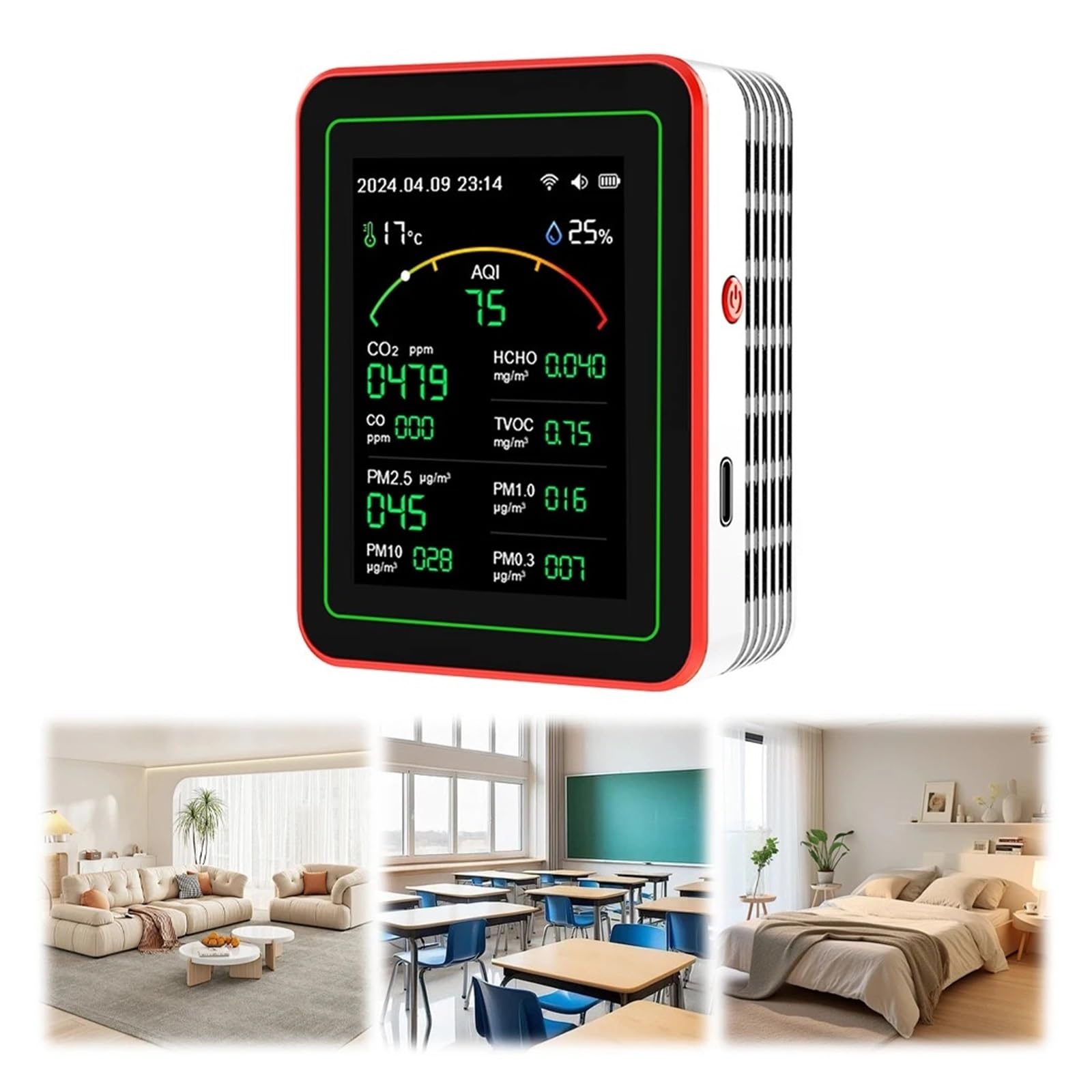 Monitor de calidad del aire, Monitor De Calidad Del Aire Interior WiFi 15/5 En 1, Analizador Gas Con Control Por Aplicación PM0.3 PM1.0 PM2.5 PM10, Sensor Detector For El Hogar(White 15 in 1)