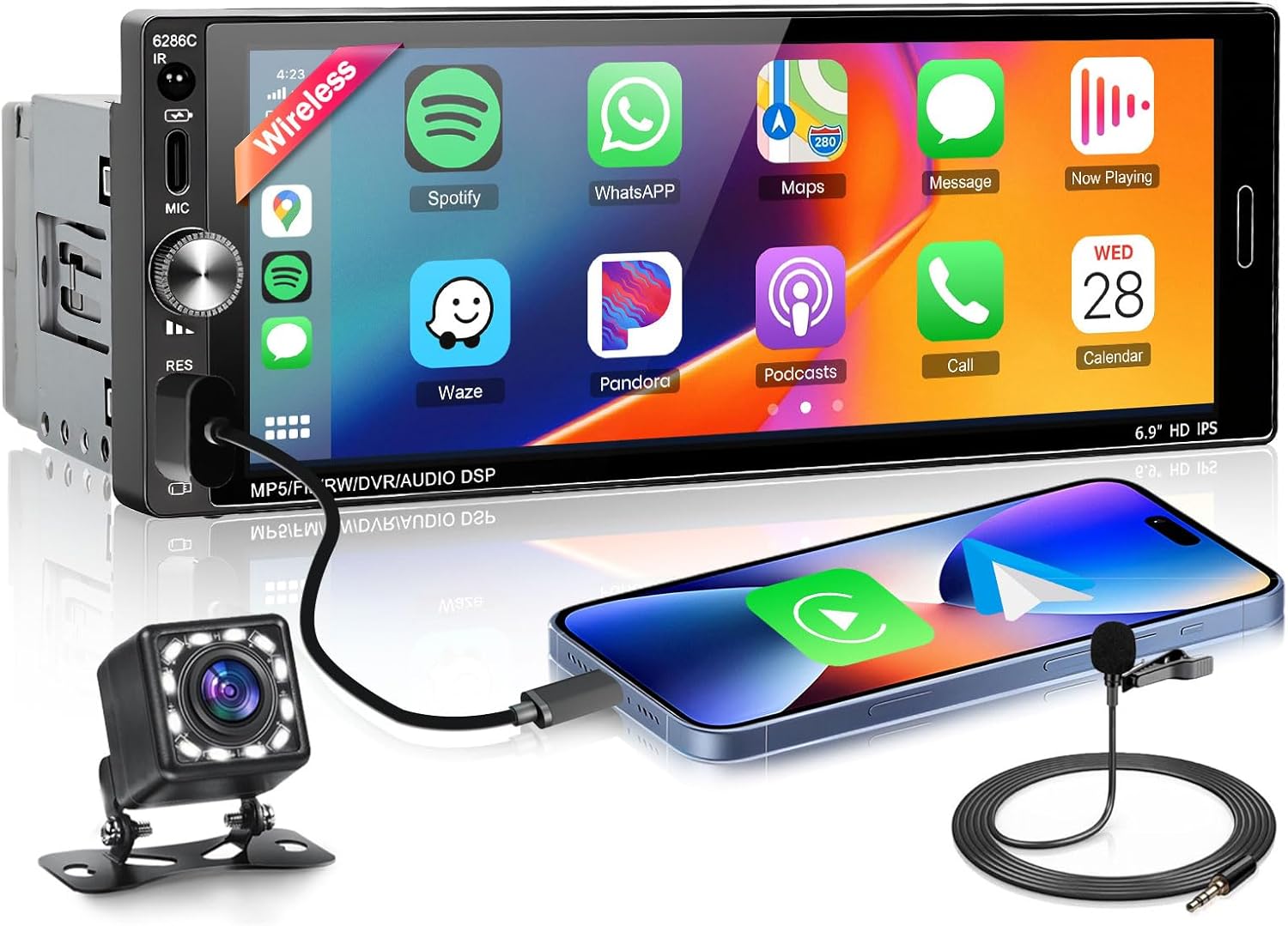 METEESER 6286C Single Din Car Stereo Wireless Carplay Android Auto