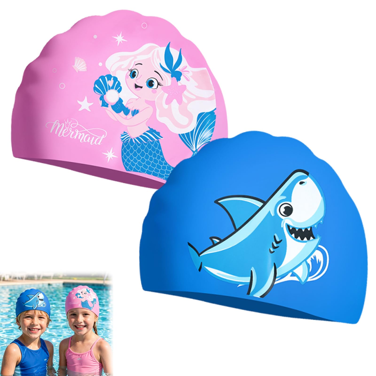 2 PCS Kids Swimming Cap, Comfortable Light Swimming Hat Kids with Cute Patterns, Anti-Slip Elastic and Waterproof Swimming Cap Pool Training Accessory for Children