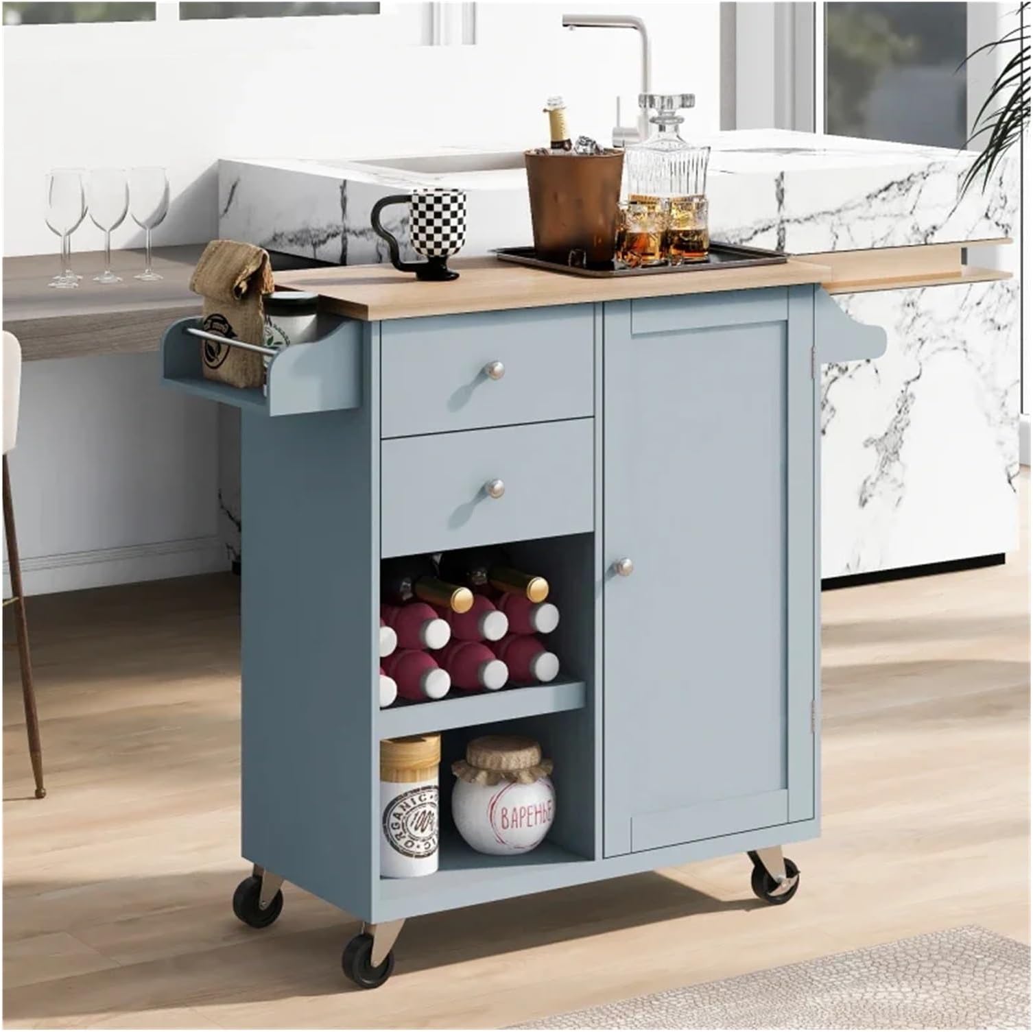 Kitchen Storage Trolleys Kitchen Cart with Spice Rack,Towel Rack & Two Drawers,Rubber wood top,Kitchen Island with 4 Wheels Serving Trolleys (Color : Style-A) (Style b)