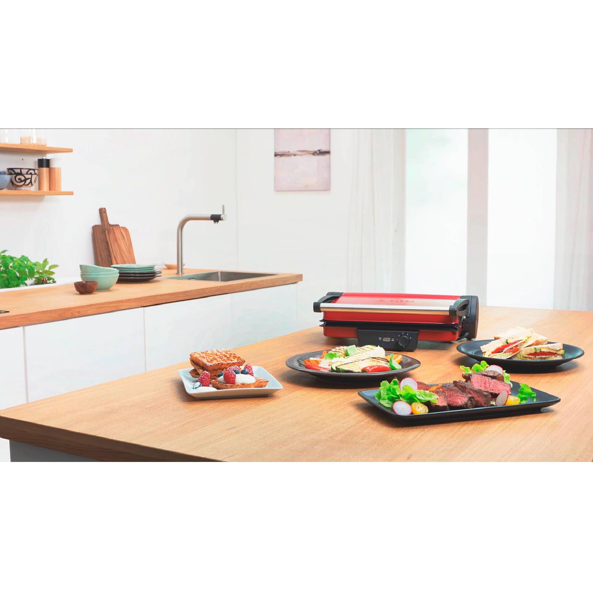 Bosch Bistecchiera TCG4104, 3 Posizioni di Cottura, 5 Livelli di temperatura, 2000W, Piastre Grill in Alluminio Rimovibili e Lavabili in Lavastoviglie, Rivestimento Ceramico Antiaderente, Rosso