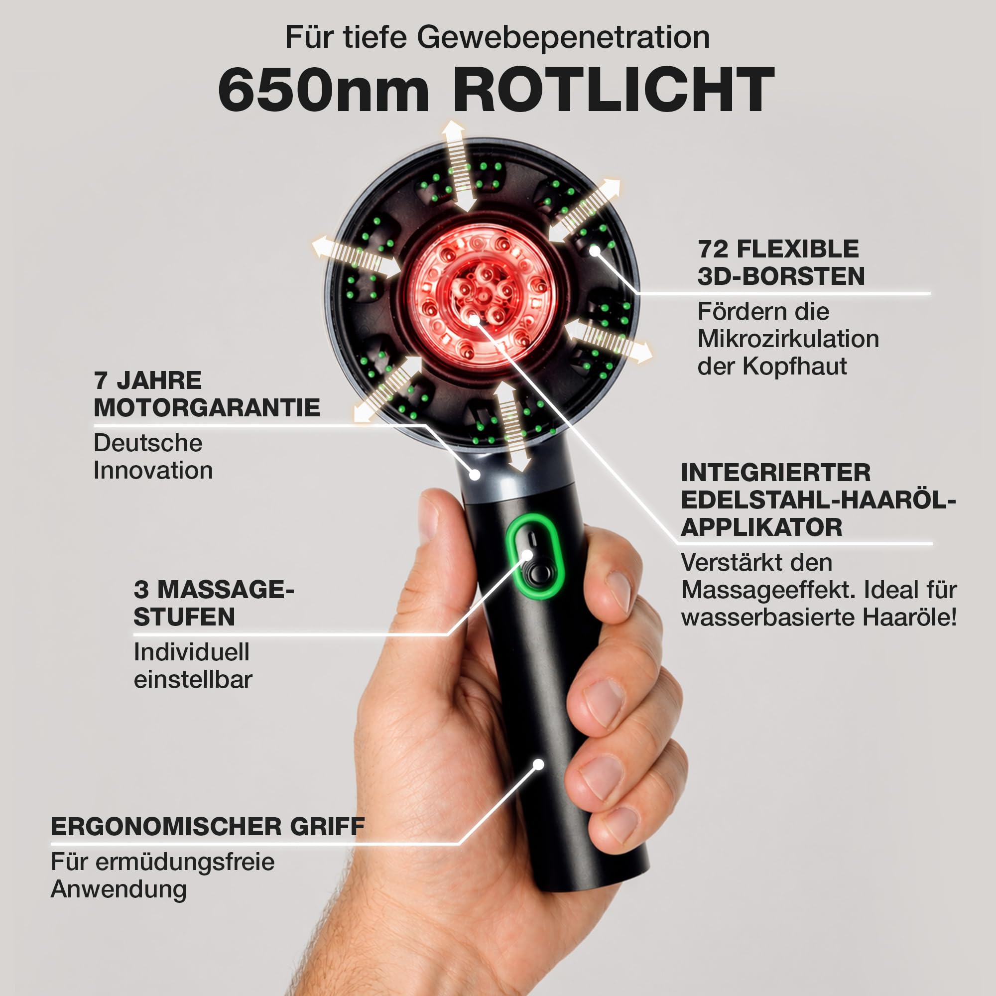 DONNERBERG® MIO Kopfmassagebürste mit Rotlicht gegen Haarausfall, Kabellos