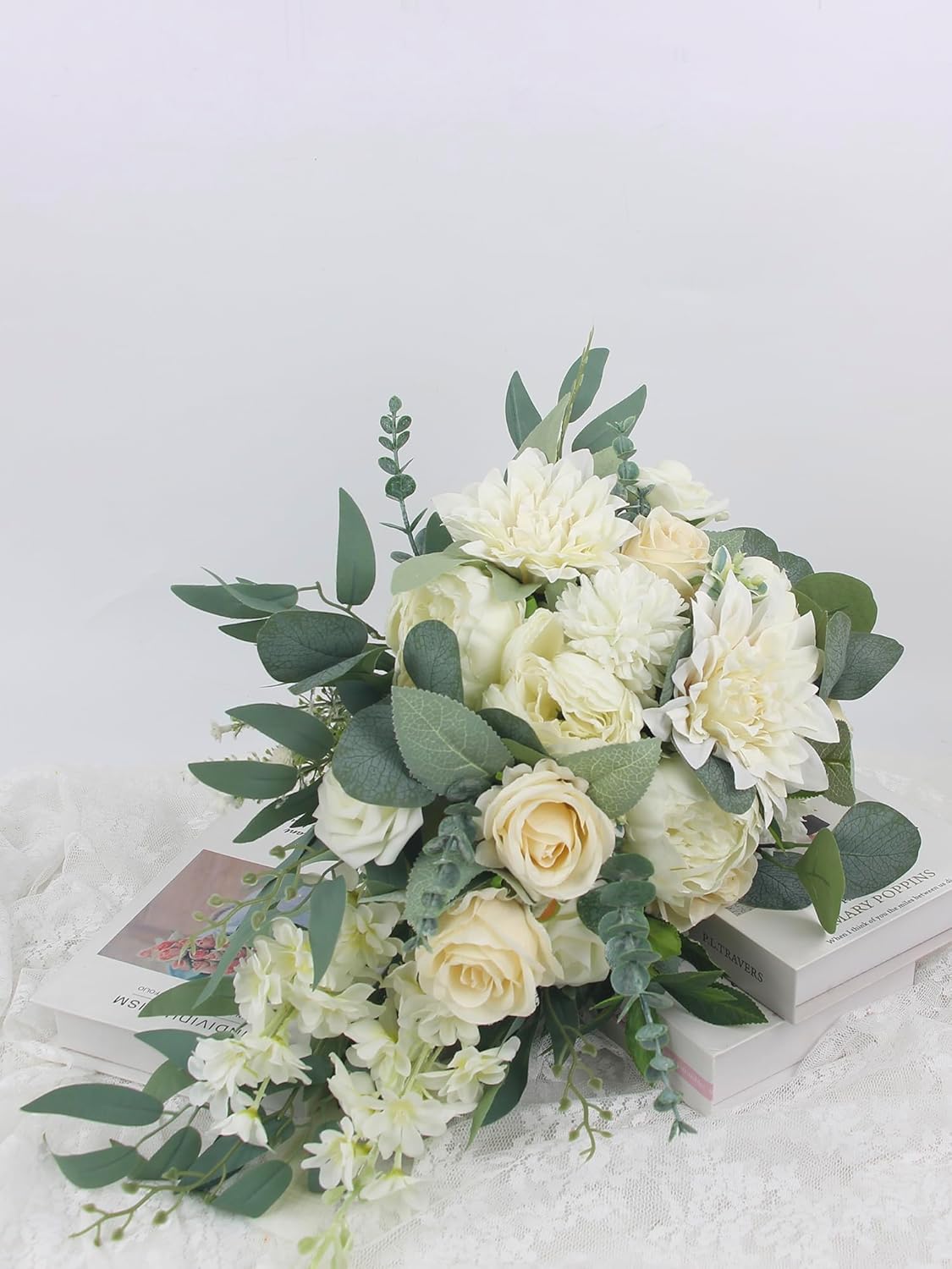 Rinlong White Green Cascade Bouquet Wedding Bouquets for Bride Cascading Wedding Bouquet Bridal Bouquet Artificial Flowers