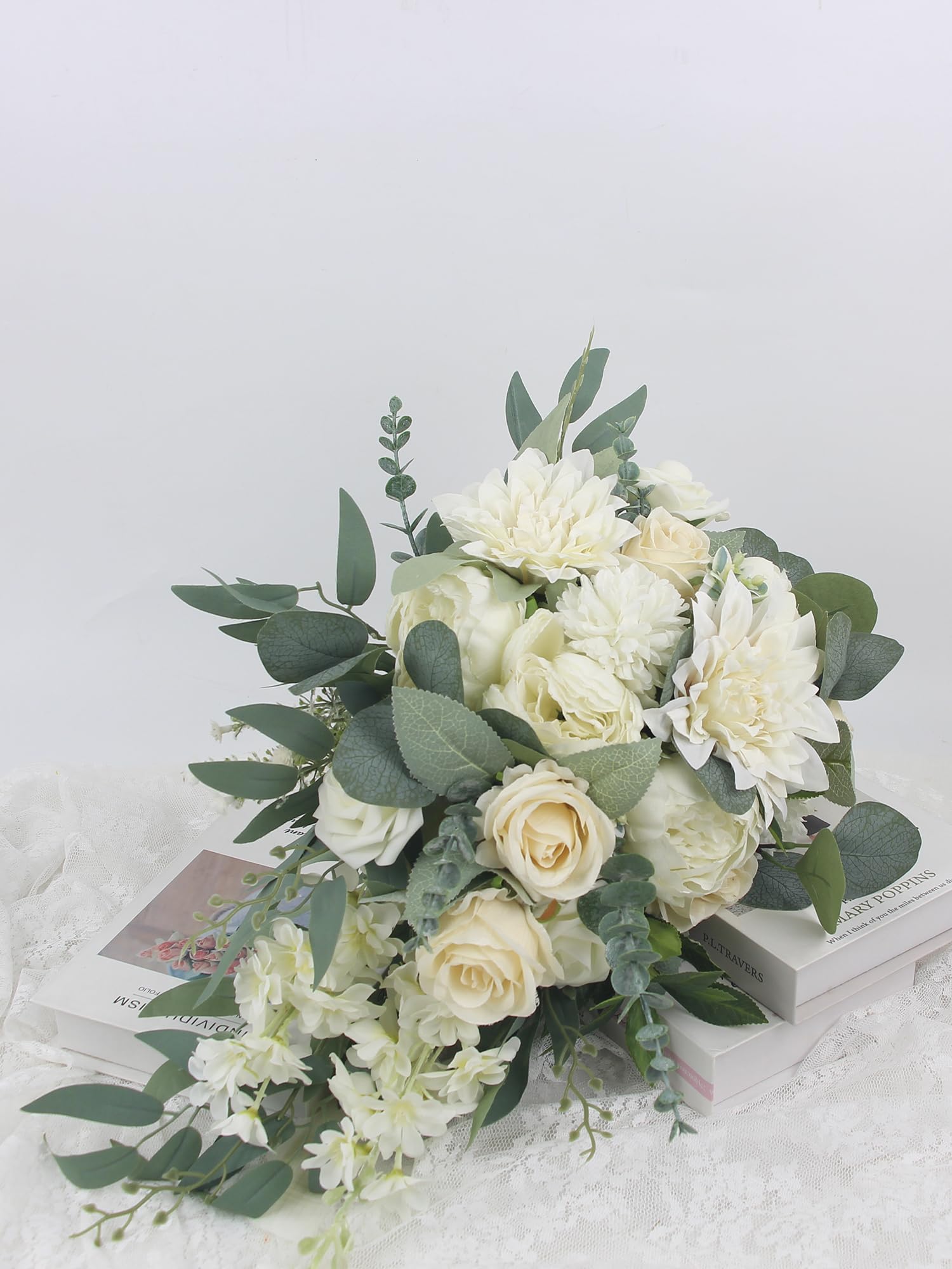 Rinlong Weißer grüner Kaskadenstrauß Hochzeitssträuße für die Braut, kaskadierender Hochzeitsstrauß, Brautstrauß, künstliche Blumen