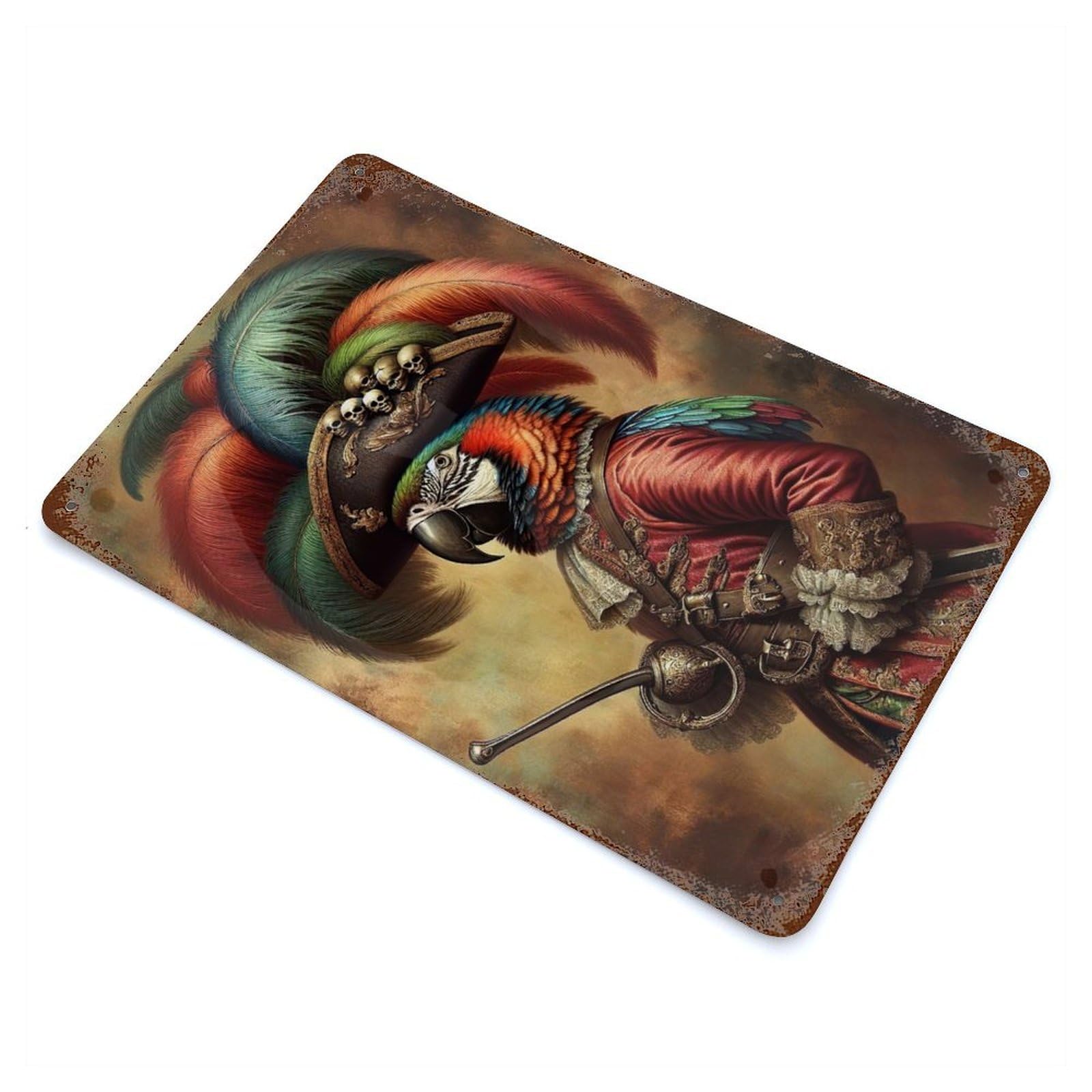 Parrot As A Pirate Captain Decorative Tin Sign 11.8"x7.9", Old School Wall Decor for Garage, Pub Or Kitchen