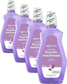 Amazon Basics Anticavity Fluoride Mouthwash, Alcohol Free, Violet Mint, 1 Liter, 33.8 Fluid Ounces, 4-Pack (Previously Solimo)