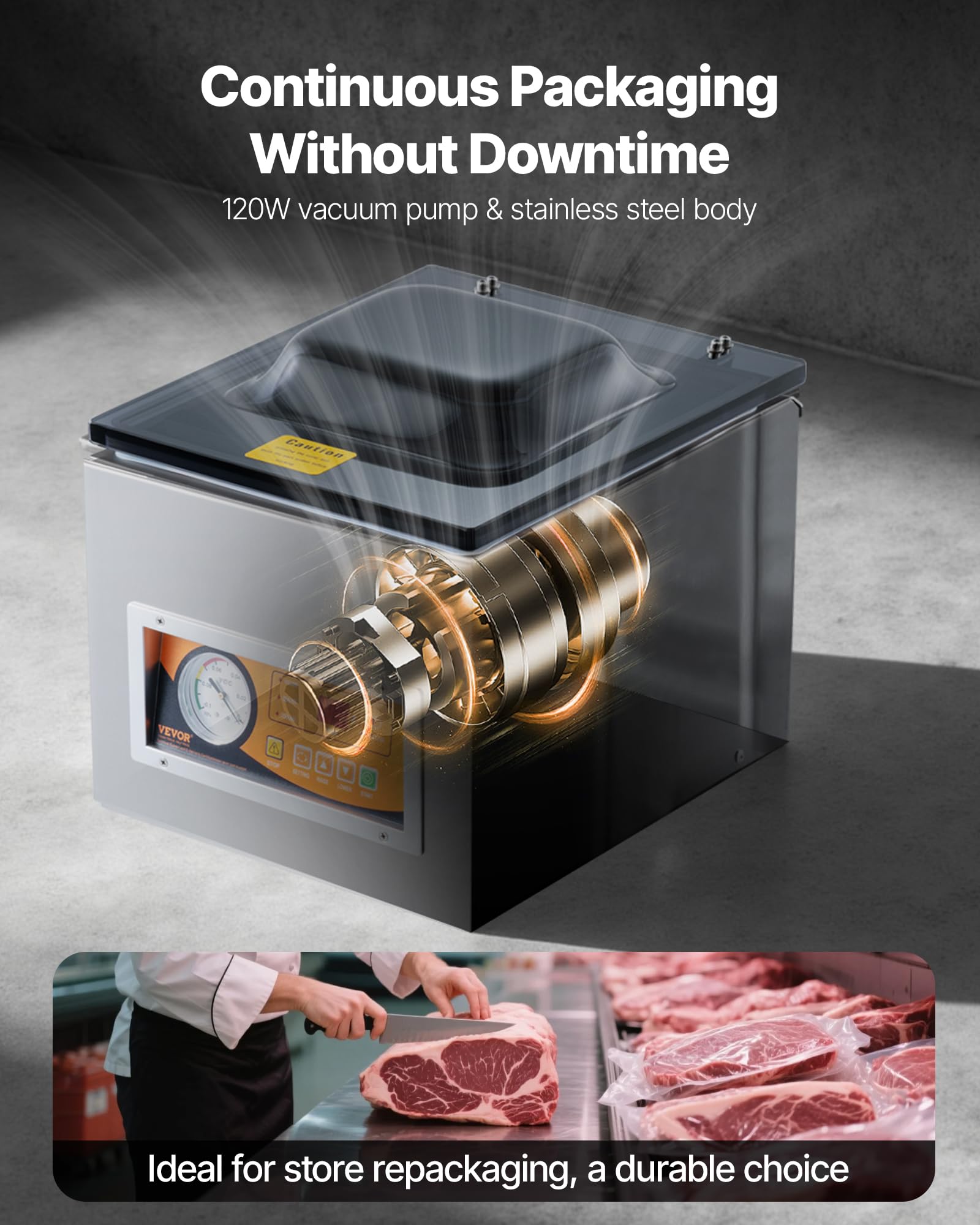 VEVOR Sellador al Vacío de Cámara 260 W Máquina de Envasado al Vacío de Acero inoxidable Tamaño Compacto de 260 mm para Cocina del Hogar Para Uso Comercial Para Alimentos Húmedos, Carnes y Adobos