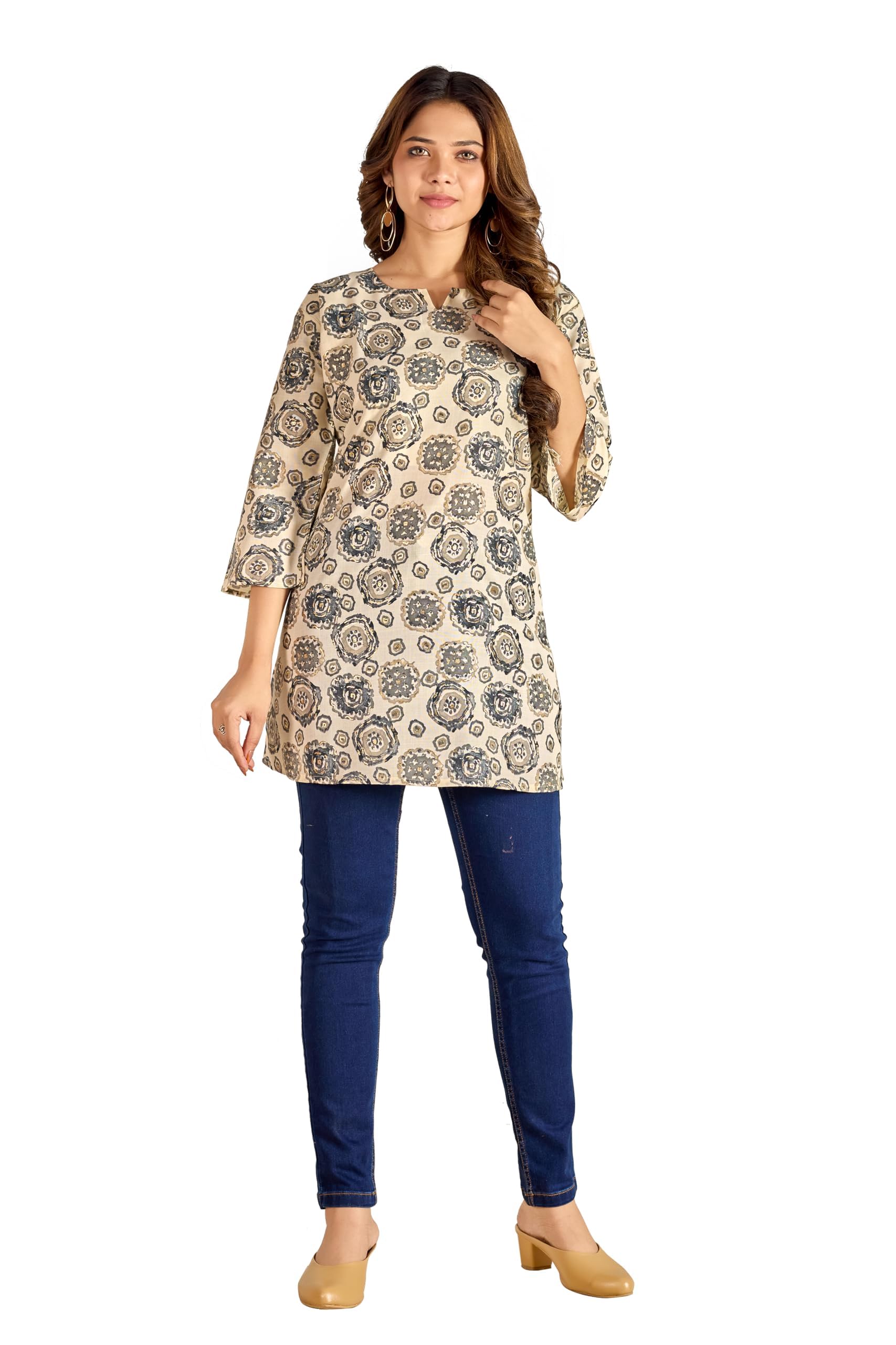 Women's Cotton Printed Kurti Top – 3/4 Sleeve Indian Tunic for Jeans or Leggings – Casual Loose Fit Short Kurta-(S-XXL)