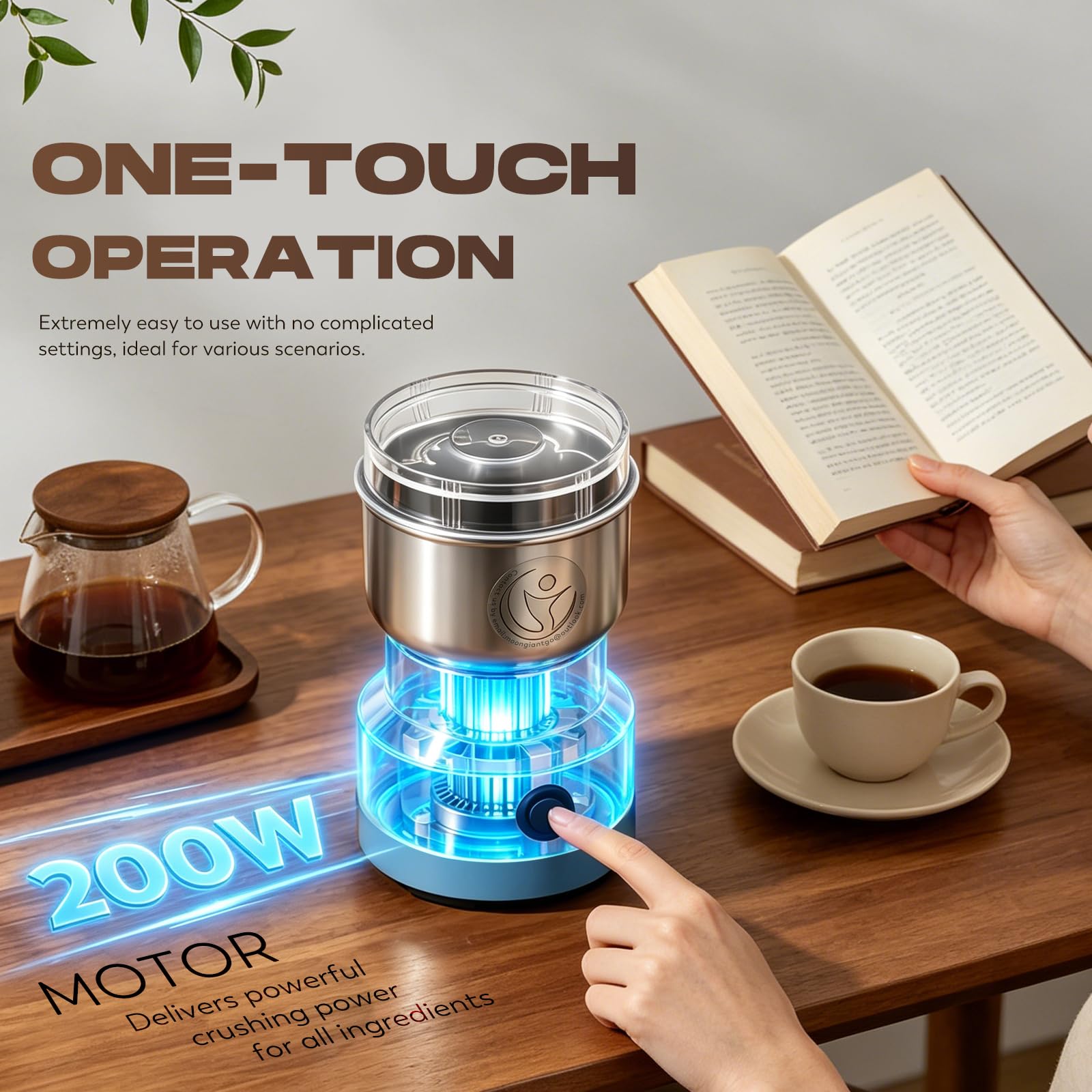 Moongiantgo Moulin à Céréales Multifonctionnel 150W 14500rpm, Moulin à Café Ultra-Fin, 300ml Broyeur à Épices Électrique Portable, Acier Inoxydable, Parfait pour Matières Sèches, Herbes, Café (Bleu)