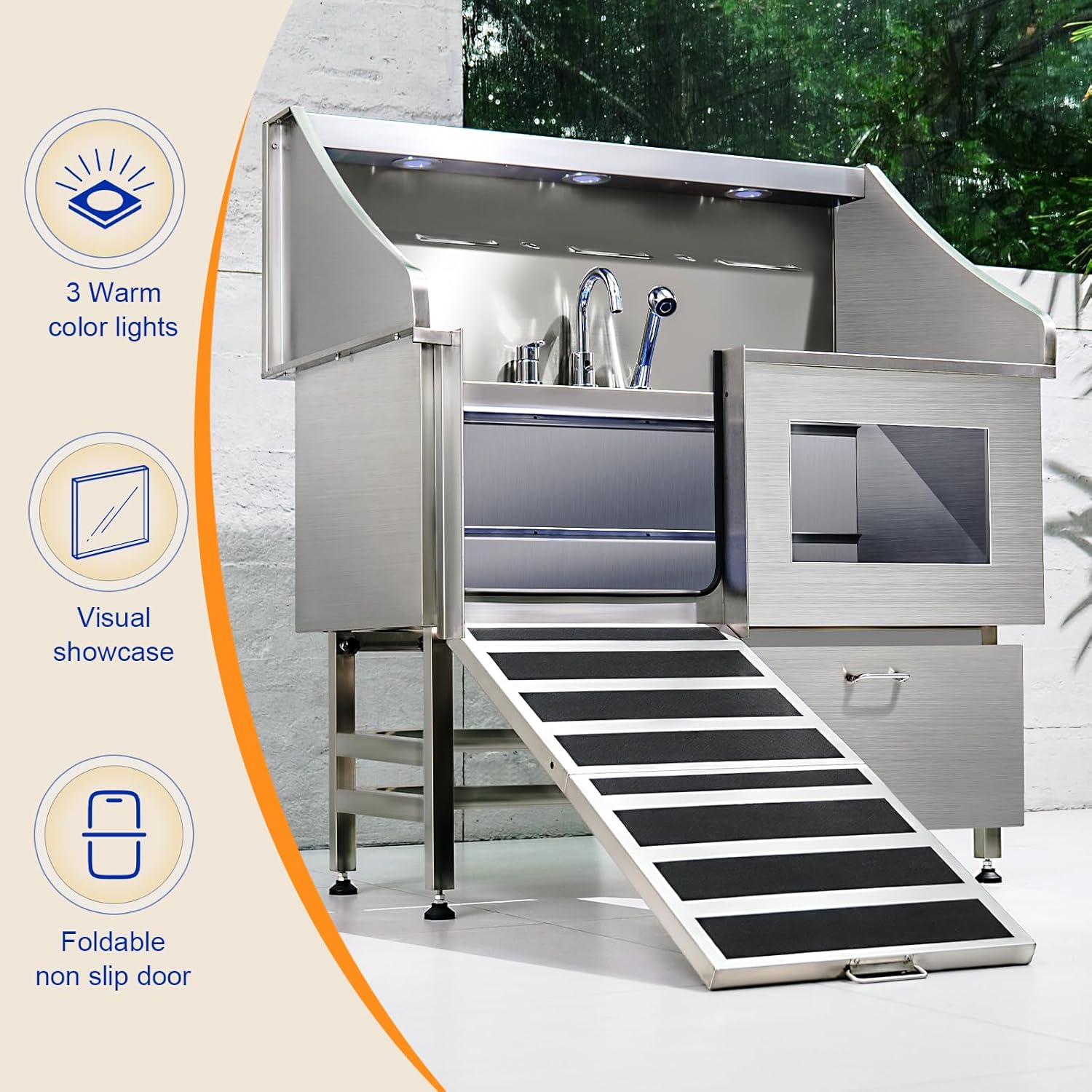 50" Stainless Steel Dog Grooming Station with Ramp and Drawer
