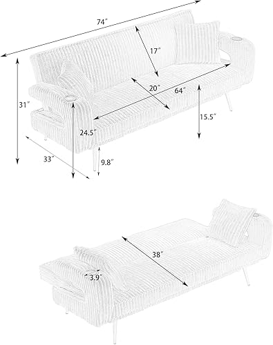 Miniatura 2 de Sofá cama convertible tapizado de pana con portavasos, sofá cama futón con 3 respaldos reclinables y almohadas, sofás modernos y cómodos para sala