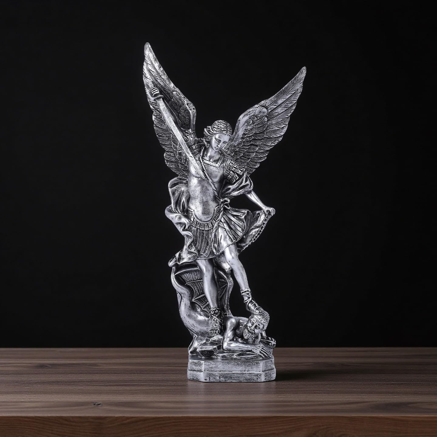 San Miguel Arcangel Statue 8.5 Inch, Saint Michael Archangel Defeating Demon Figurine, Bronze Finish Resin Guardian Angel Sculpture for Home Altar, Prayer Room, Catholic Christian Gifts