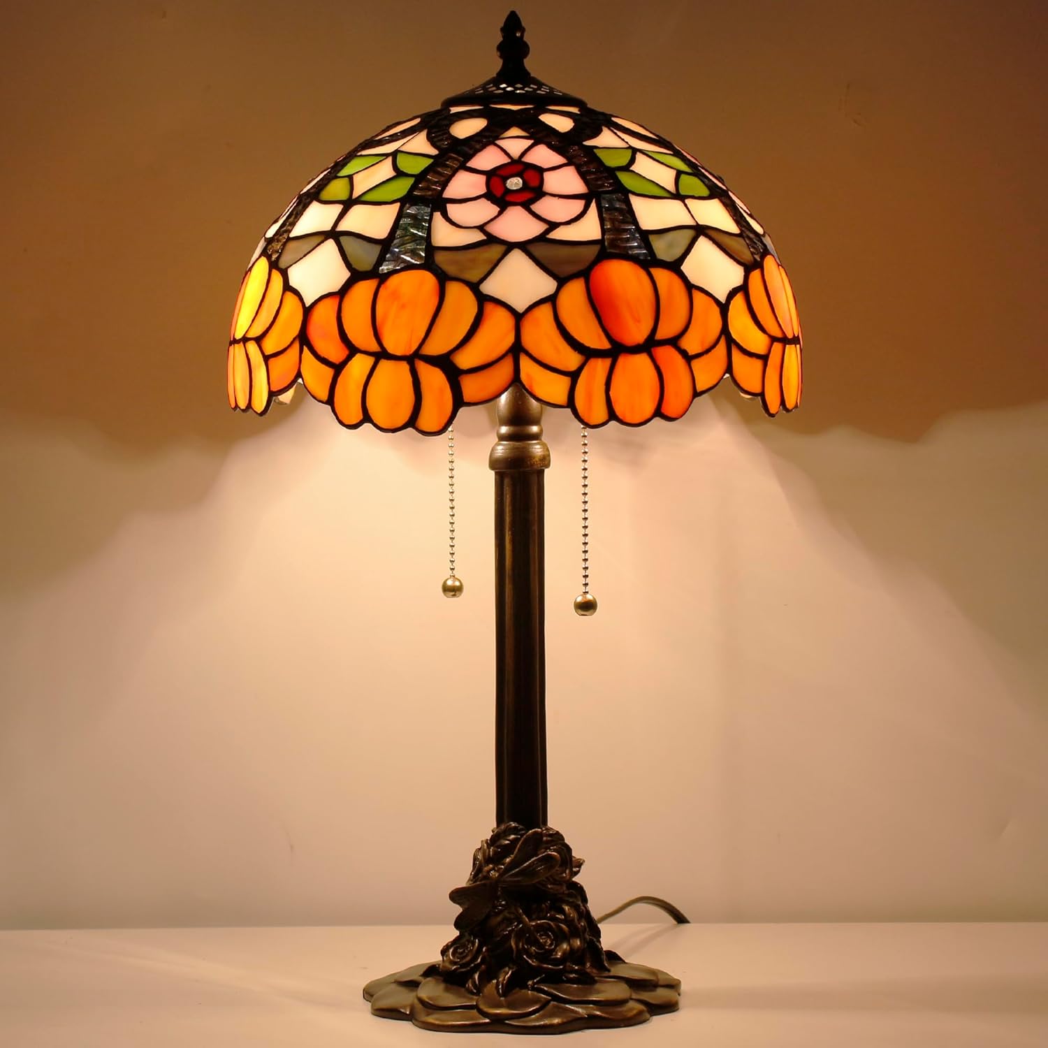 Tiffany Table Lamp Stained Glass Desk Lamp 12X12X21Inch Resin Base for Bedroom Living Room Reading Light (Orange Flower)