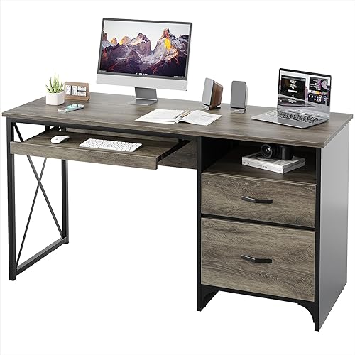 Miniatura 7 de Bestier Escritorio de oficina con cajones, escritorio industrial para computadora de 55 pulgadas con almacenamiento, escritorio de madera para