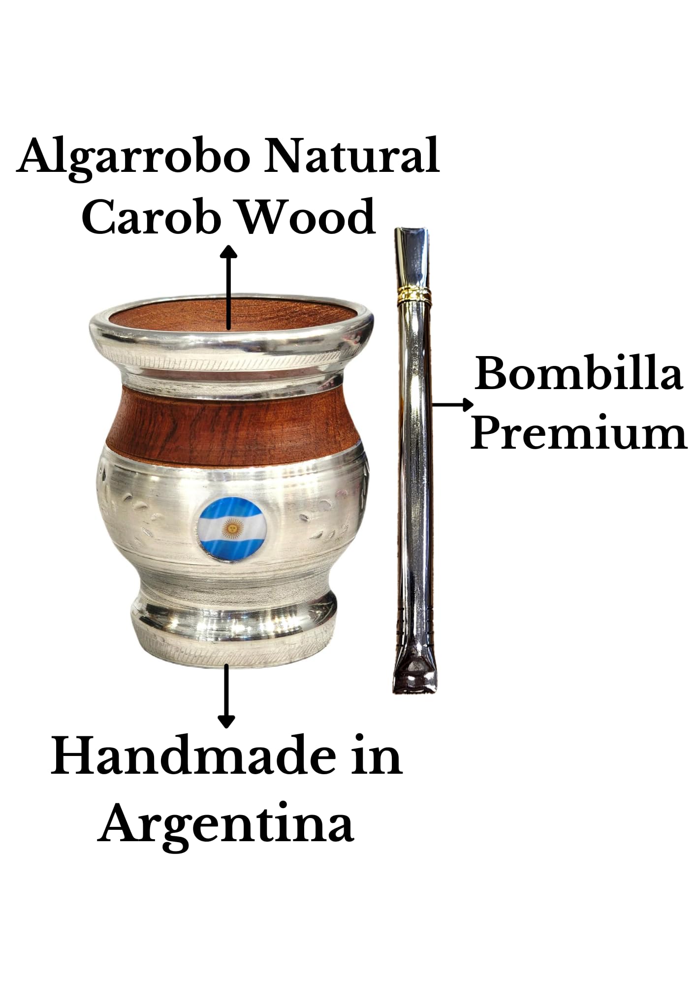 Mate Argentino Clásico, Hecho a mano en Madera de Algarrobo Natural con Recubrimiento de Acero Inoxidable, Mate con bombilla, Gourd mate cup