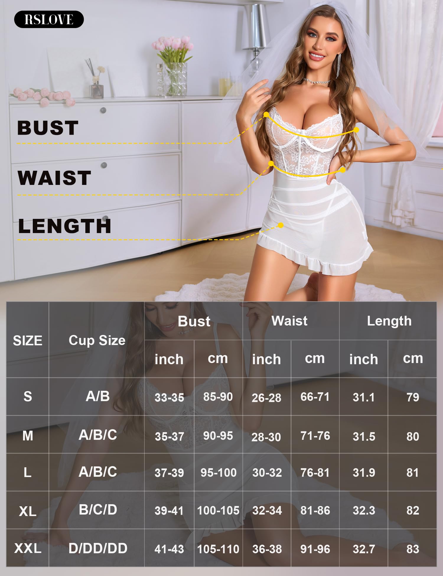 RSLOVE Nuisette Femme Babydoll Sexy - Lingerie en Dentelle avec String Inclus Cadeau pour Soirées Intimes ou Moments Spéciaux