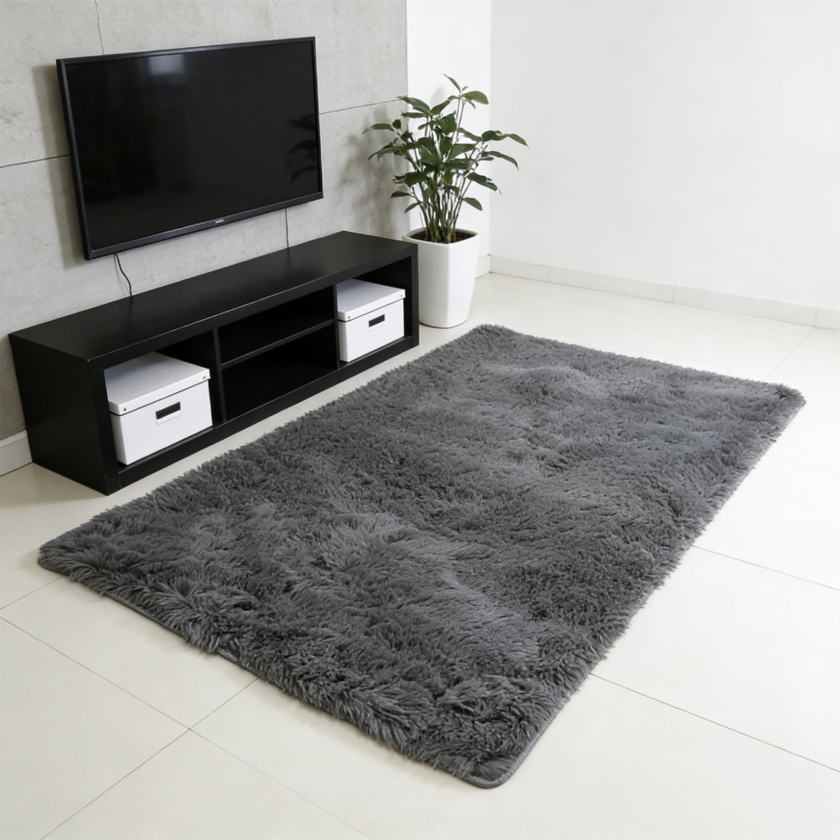 Tapis salon 265 x 140 cm gris moderne à poils longs avec envers antidérapant