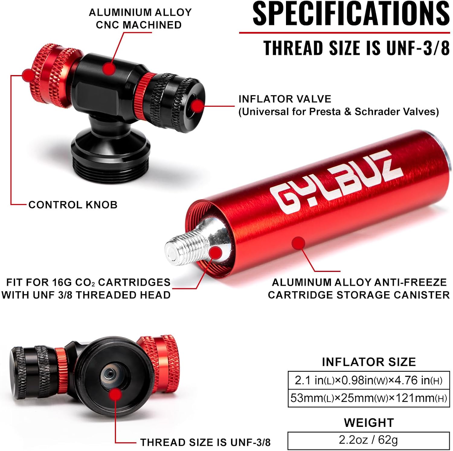 CO2 Bike Tire Inflator: Presta and Schrader Valve Compatible Portable Co2 Bicycle Pump with Cartridge Storage Canister for Road and Mountain Bikes -No CO2 Cartridges Included, Quick & Easy - Image 3