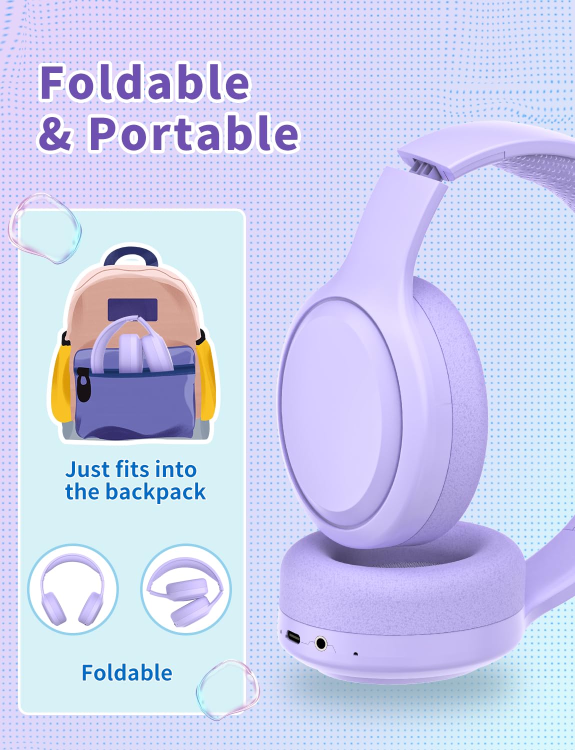 Cuffie Bluetooth per Bambini, Cuffie Senza Fili Pieghevoli Auricolari, Suono Stereo con MIC, 10H di Autonomia, Bluetooth 5.3, Cuffie Senza Fili per Bambini e Adulti per Scuola e Classi Online