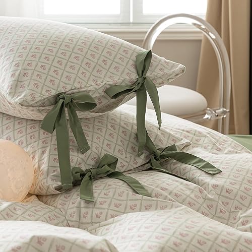 Miniatura 28 de Juego de funda de edredón floral tamaño individual, de algodón suave, 3 piezas, transpirable, con estampado de flores, estilo Shabby Chic, para B