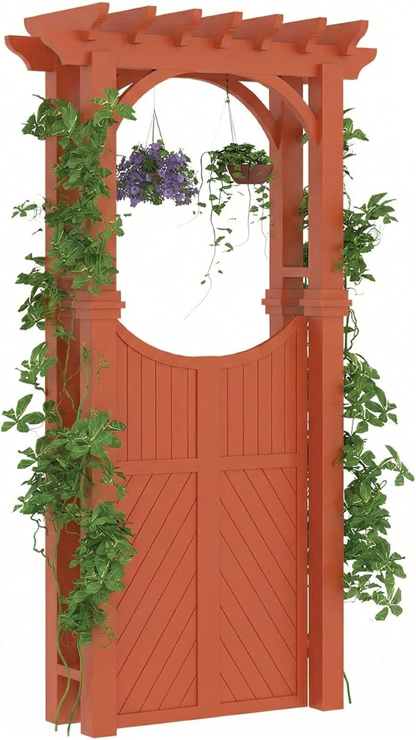 Wood Garden Arbor with Gate and Trellis, Outdoor Fir Wood Garden Arch for Climbing Plants, Wooden Arbor Trellis for Wedding Backdrop, Yard Entryway, Garden Pathway and Landscape Decor, Orange