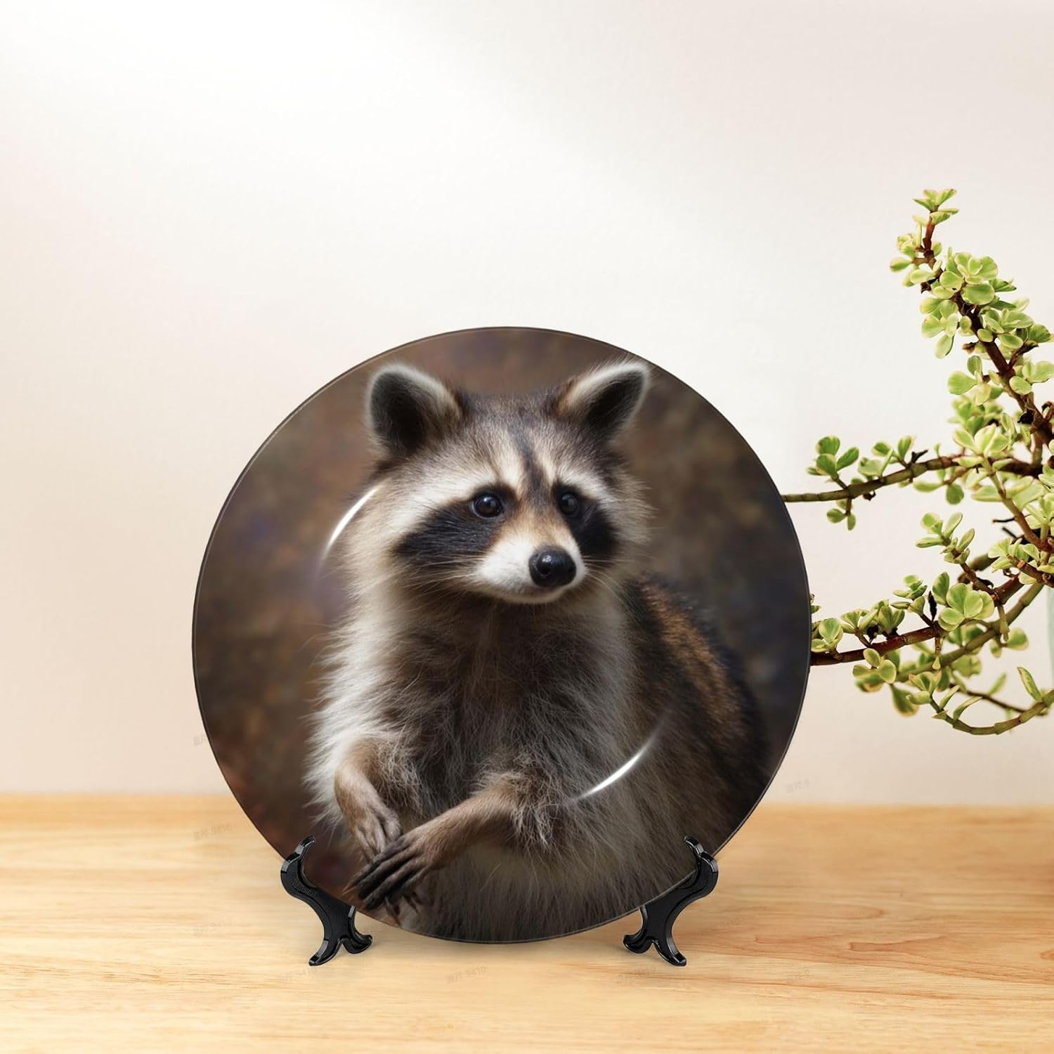 Decorative Plate 10in Bone China Dessert Plates with Display Stand Ceramic Ornament Ceramic raccoon Decorative Plates Art Crafts Porcelain Plate for Home Club Living Room