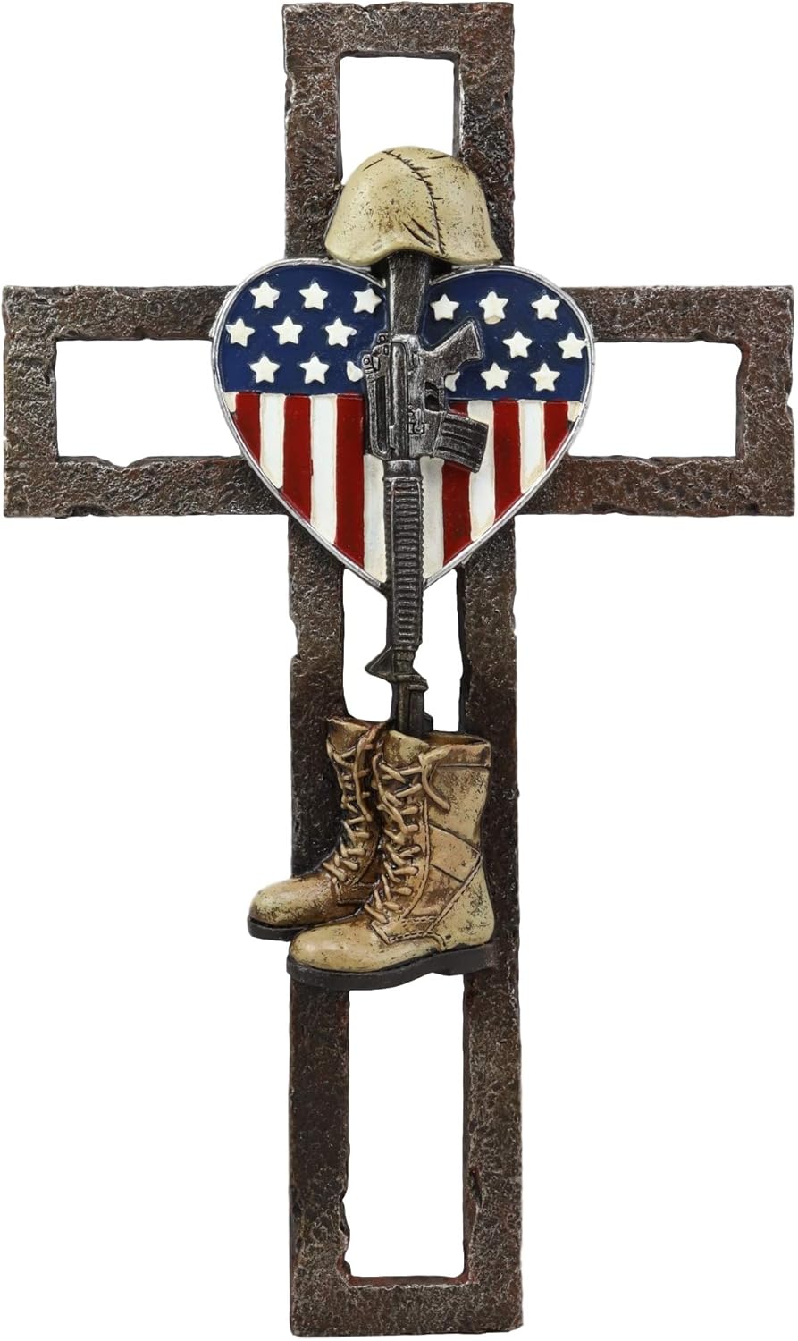 Ebros Gift Rustic Western USA Flag Military Patriotic Fallen Soldier Memorial Wall Cross Decor Plaque Vintage Design Hanging Sculpture 11.75" High Catholic Christian Accent Decorative Crosses