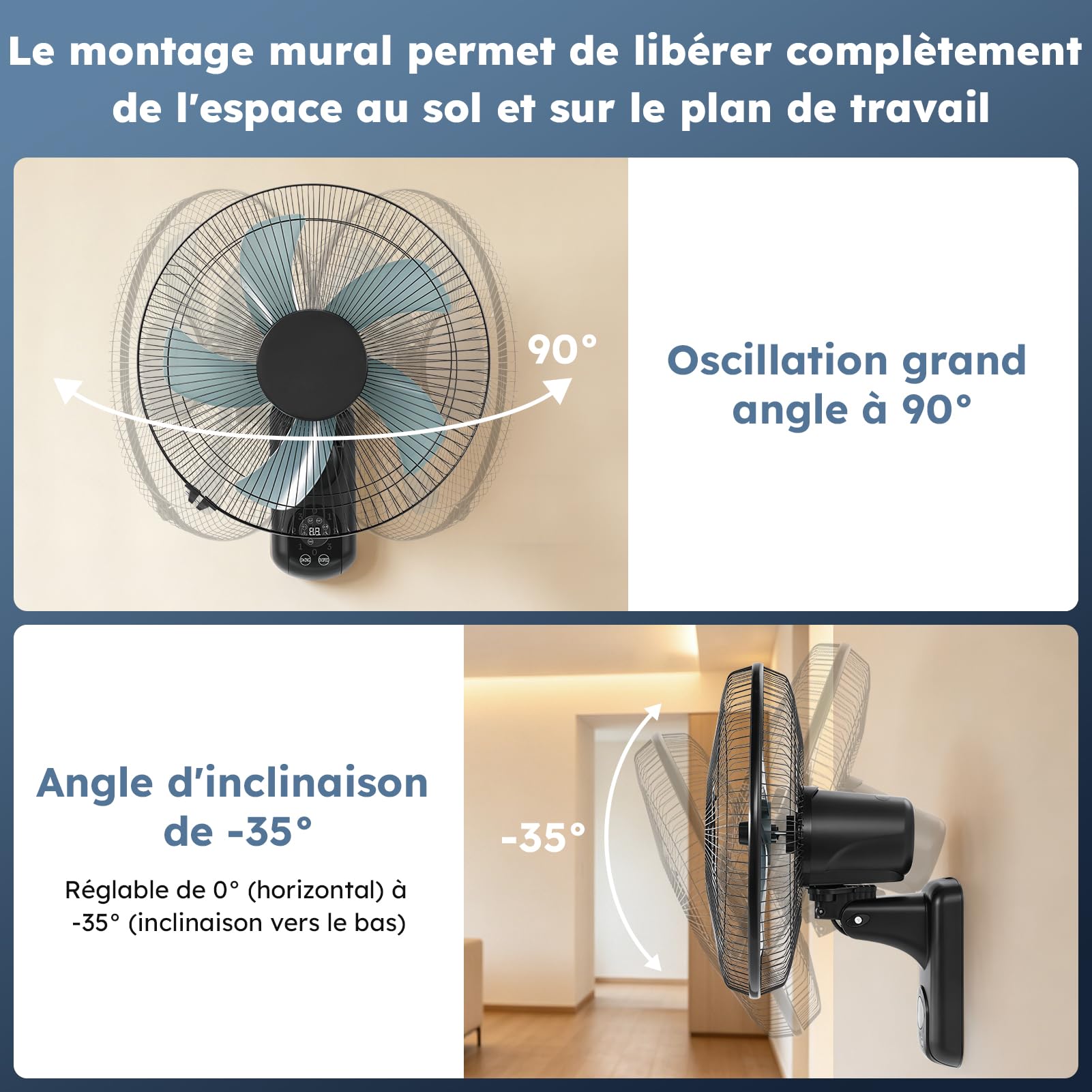 Ventilateur mural avec télécommande, 3 vitesses, oscillation à 90° et minuterie, silencieux pour chambre à coucher, bureau, salon