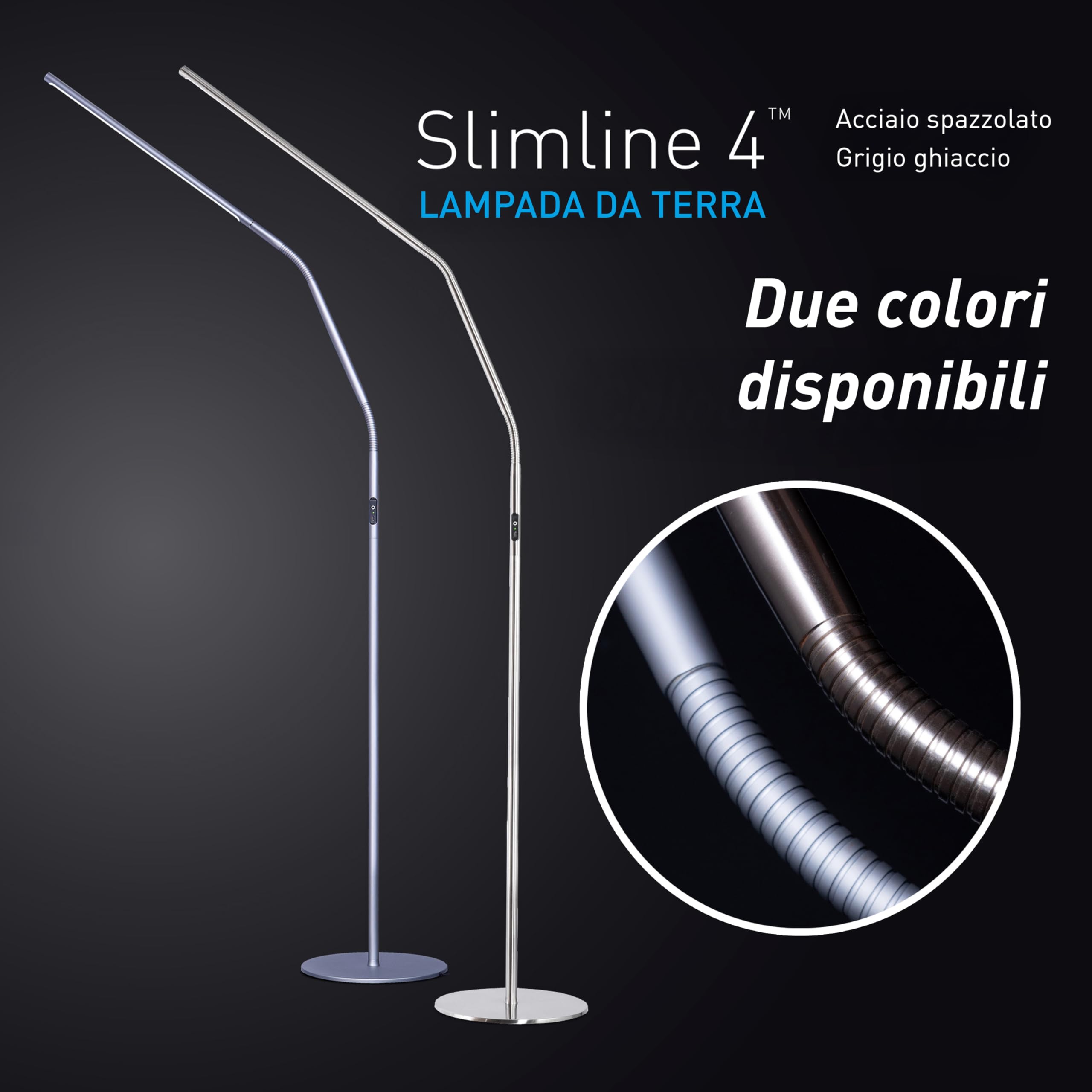 Daylight Slimline 4 LED Floor Lamp - 6,000K Daylight, 3,200 Lux, 4 Brightness Levels, USB-C Port for Fast Charging - Sleek Design, Anti-Glare Shade, Flexible Height Adjustment - Brushed Steel