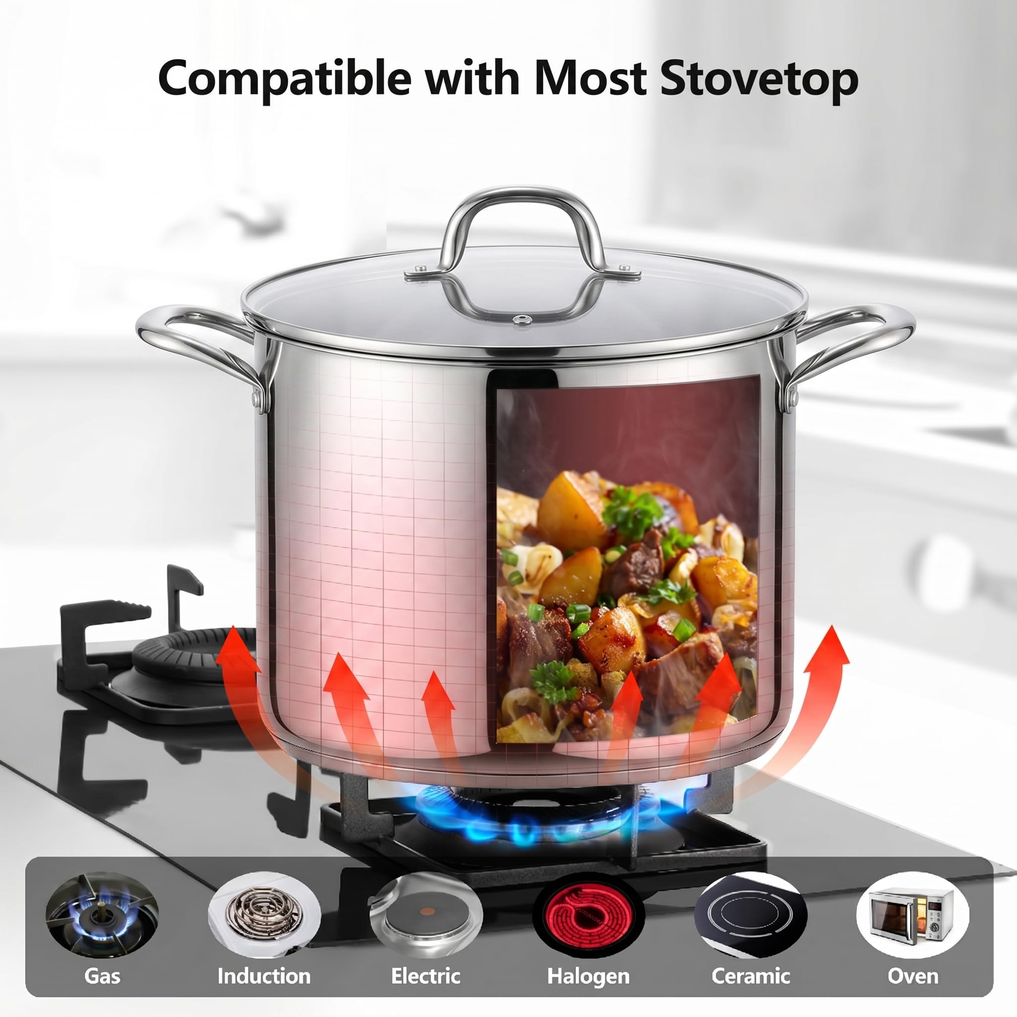 Homikit Pentola grande da 14 litri, in acciaio inox, con coperchio, per inscatolamento e stufatura a vapore, fondo pesante a tre strati, cottura a induzione e pasta, lavabile in lavastoviglie