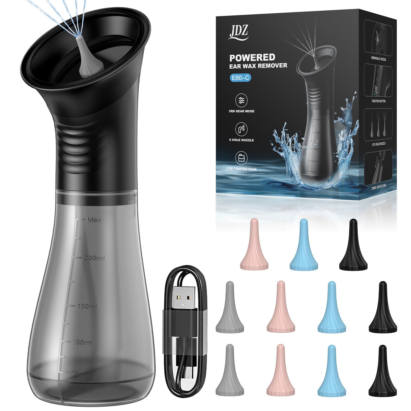 Ohrenschmalz Entferner, JDZ Ohrenreiniger 2000mAh, Ohrreiniger für Erwachsene mit Doppeltank, Ohr Reinigung mit 12 Ohr Tipps, Ohrensauger mit 3 Reinigungsmodus, Schwarz
