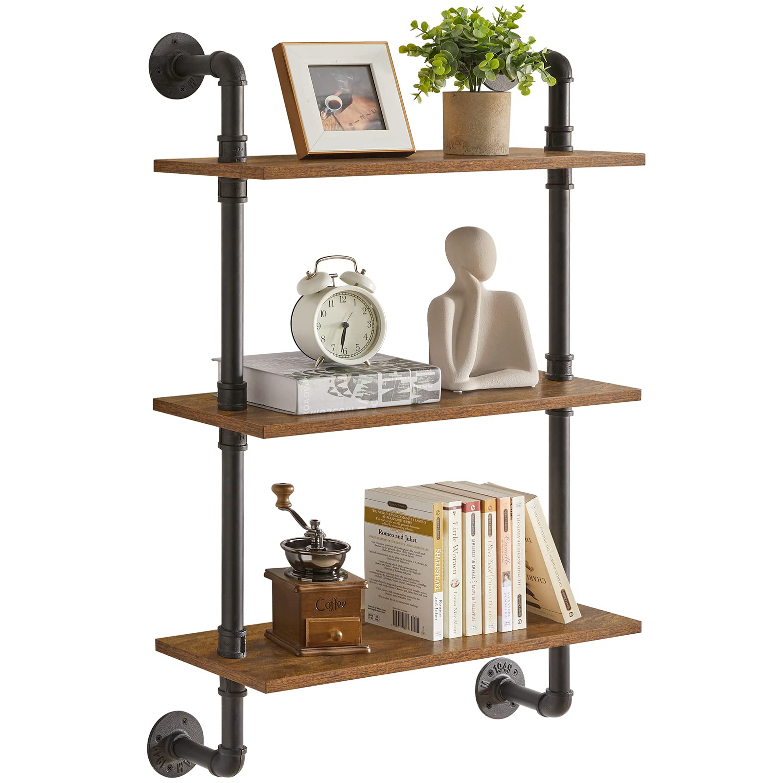 YMYNY 3-Tier Industrial Pipe Wall Mount Shelves, Rustic Storage Shelves, Floating Shelves, Wall Mount Bookshelf, Kitchen Spice Rack, for Bedroom, Kitchen, Living Room, Bathroom HRF-TM003 โ image 1