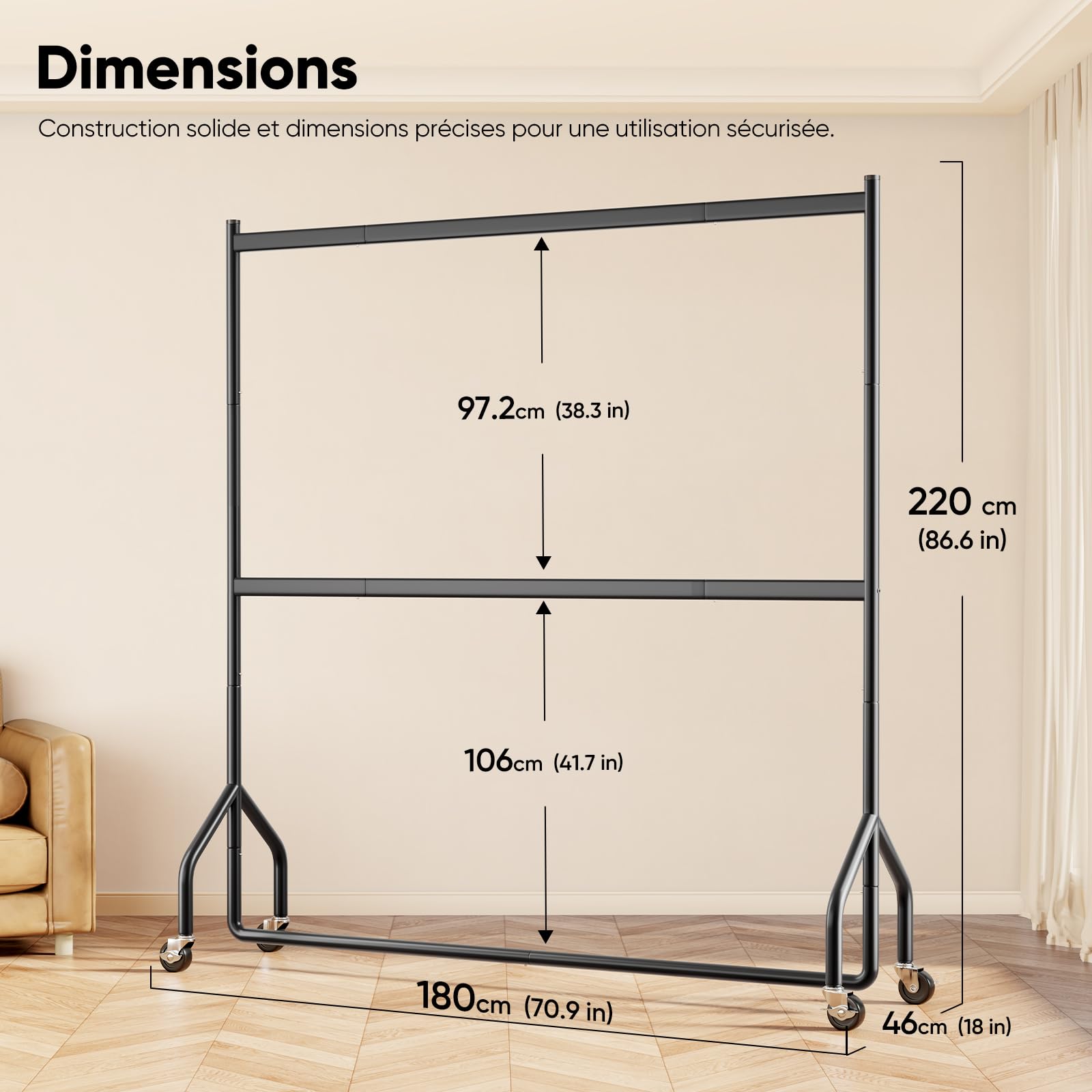 HOKEEPER Porte-vêtements double résistant aux charges lourdes avec grande capacité, organisateur de placard à roulettes pour boutiques, chambre, buanderie, 180 cm