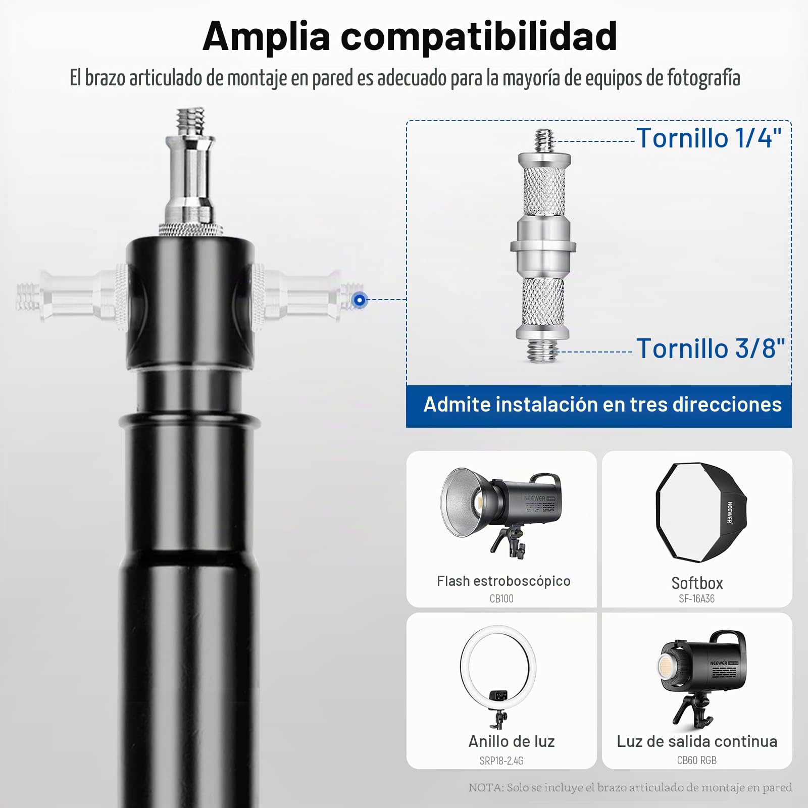 Neewer Triángulo Montaje en Pared con Brazo para Fotografía Estudio Vídeo Luz Estroboscópica Luz Monolight,Caja Luz,Reflector Paraguas,Flexible 180 Grados Rotación 125cm(negro)