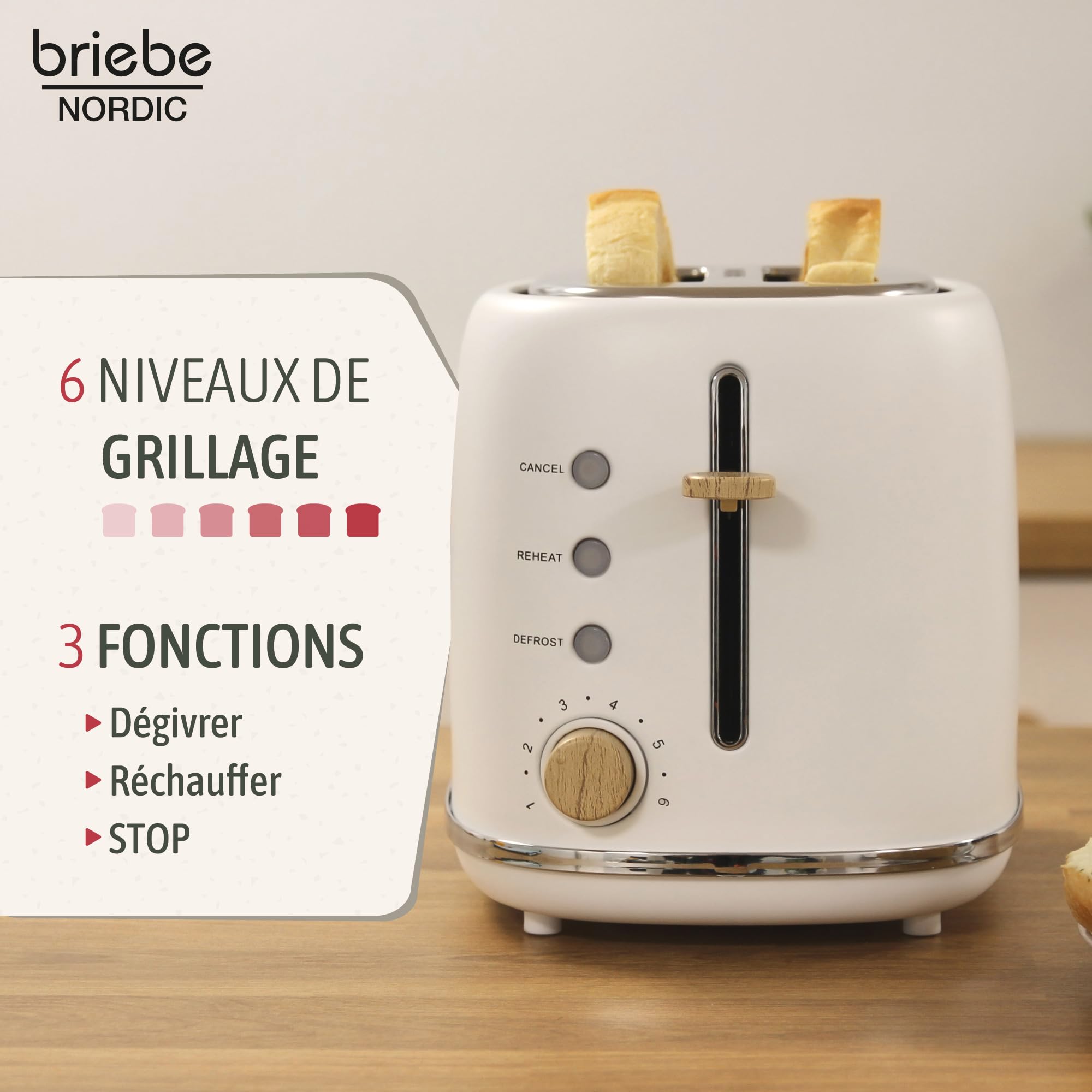 briebe Nordic Grille Pain 2 Fentes, Tranches Larges, 6 Niveaux de Dorage, Support à Petits Pains, Décongélation, Réchauffe et Annulation, Plateau à Miettes, Design Nordique 870W, Blanc